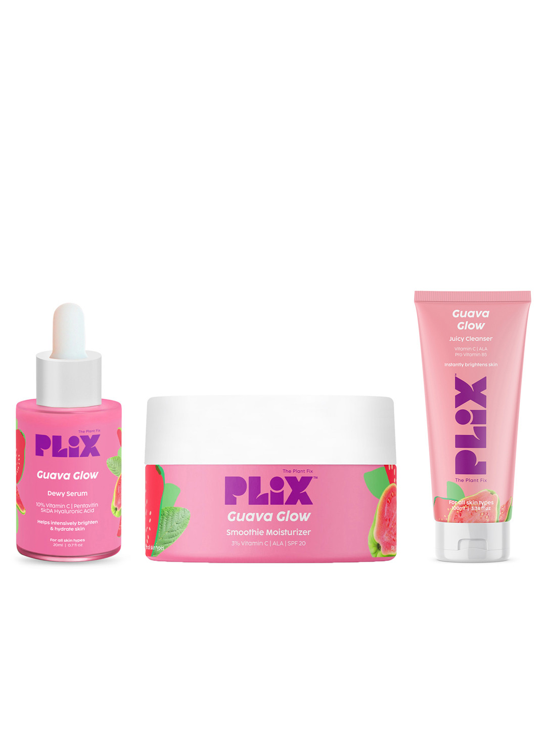 PLIX THE PLANT FIX Guava Glow Combo - Moisturizer 120g + Face Serum 20ml + Face Wash 100ml
