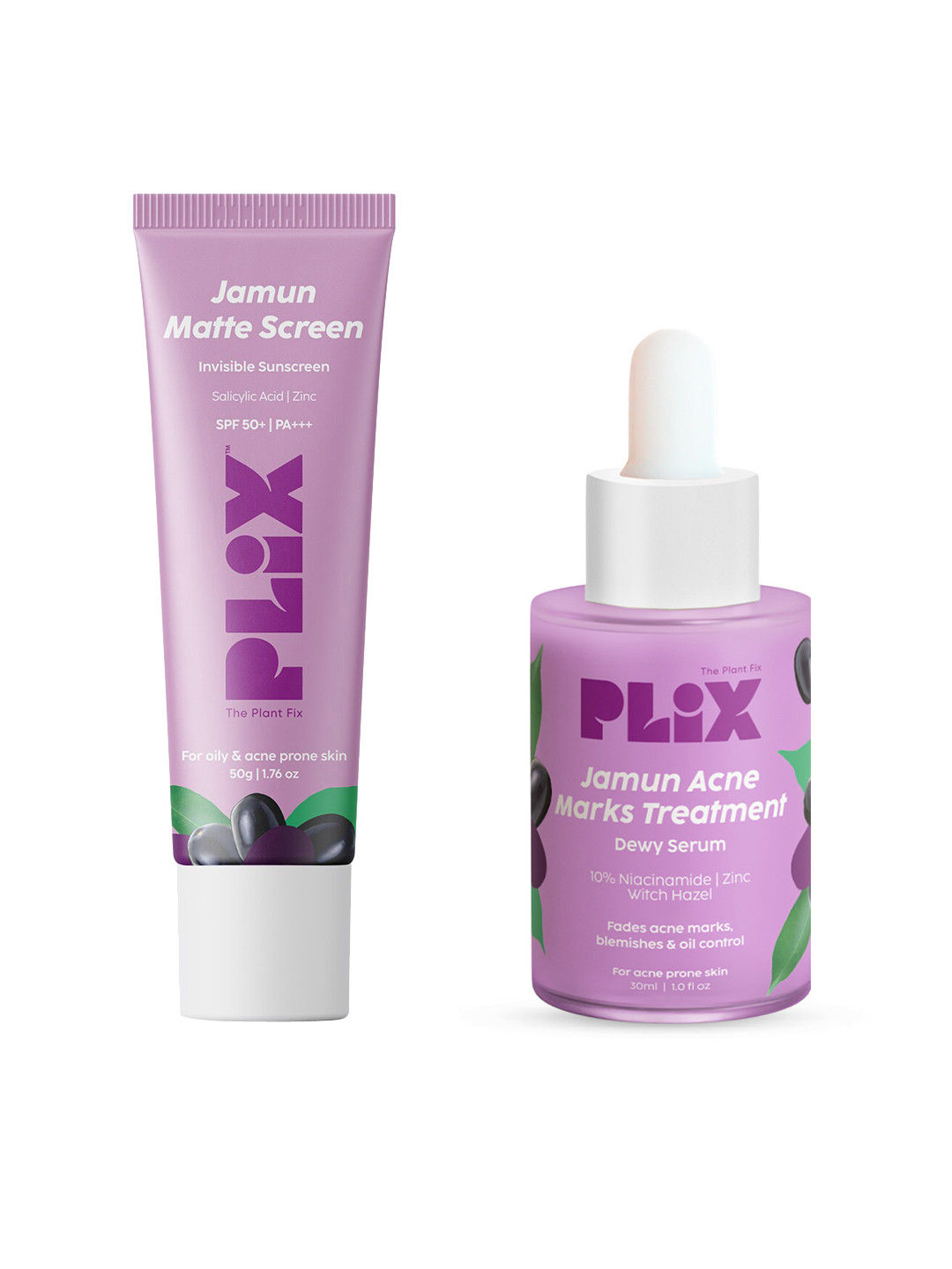 PLIX THE PLANT FIX Set of Jamun Acne Serum 30ml & Jamun Sunscreen SPF50+ PA+++ 50g