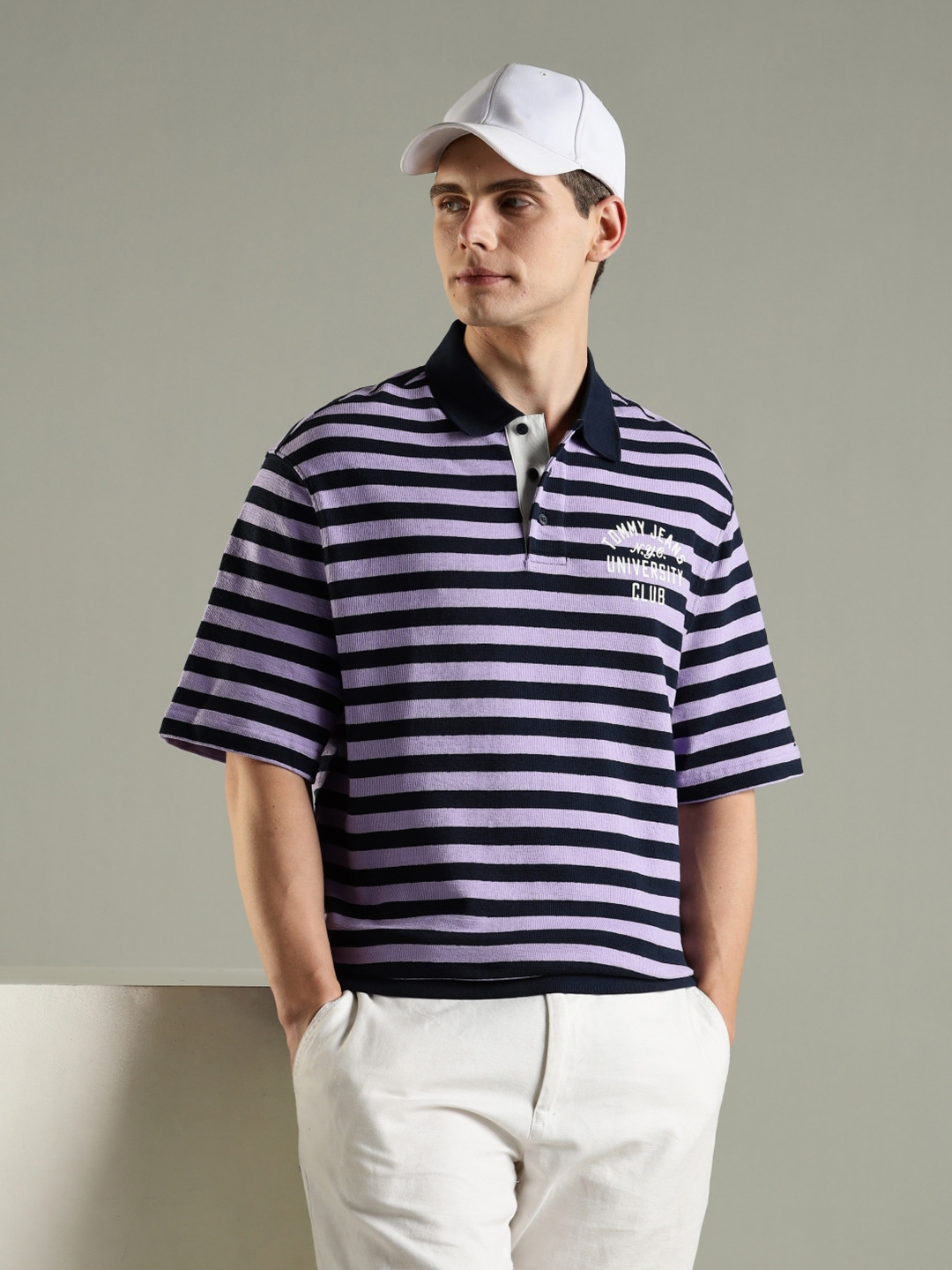 Tommy Hilfiger Europe Striped Polo Collar Drop-Shoulder Sleeves Relaxed Fit T-shirt