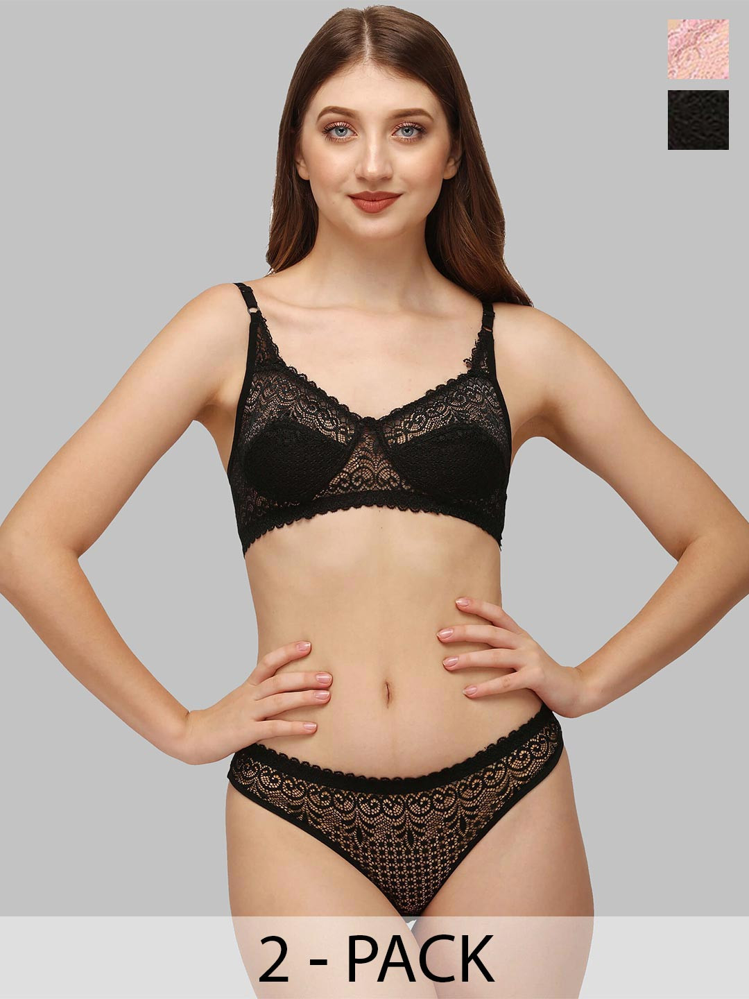 DHANDAI FASHION Pack Of 2 Non Padded Lingerie Set Decent Set-Black Pink (M-3-2P)