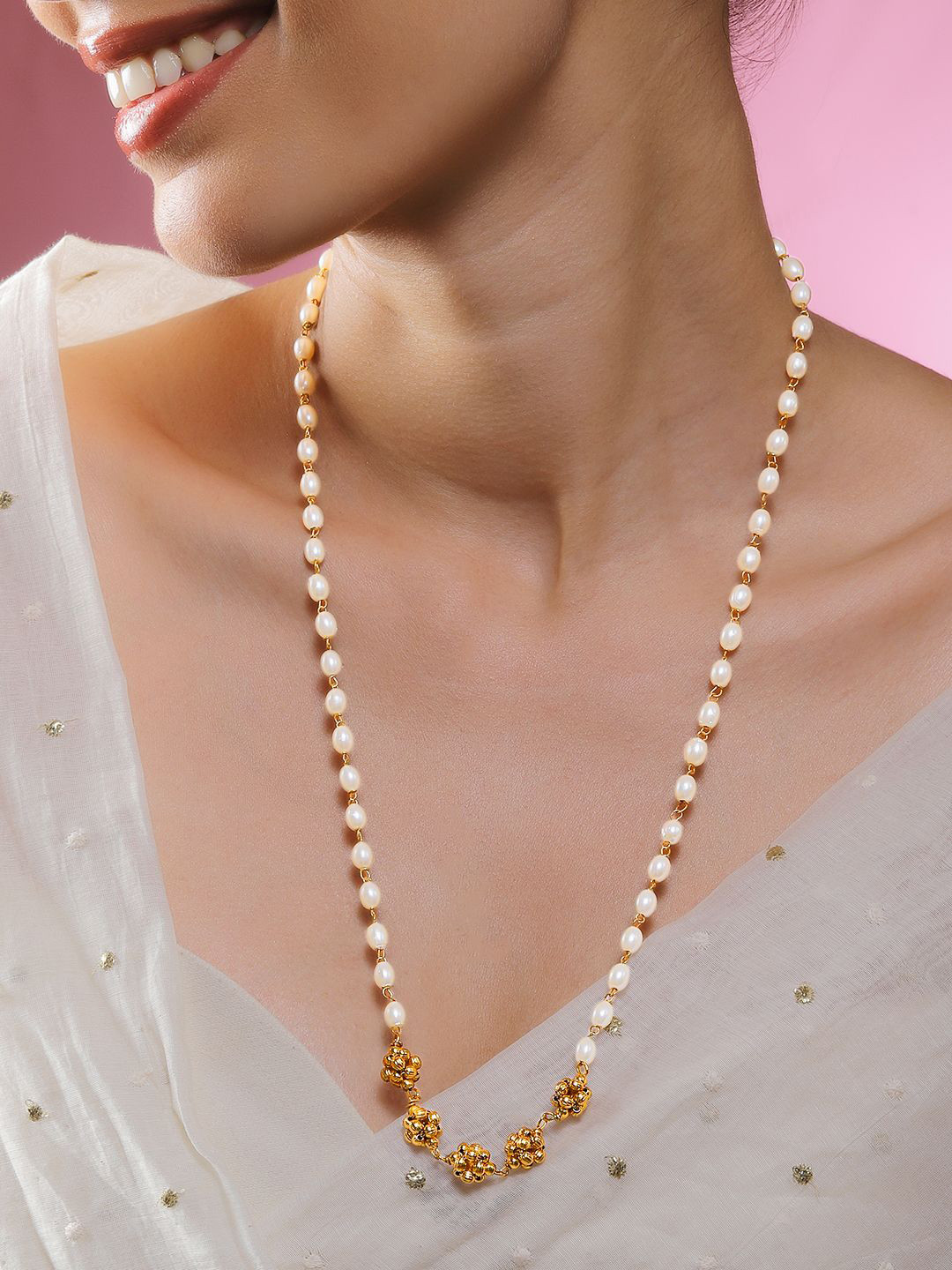 Rubans 18K Gold-Plated White Pearl Beaded Floral Gold Beads Necklace