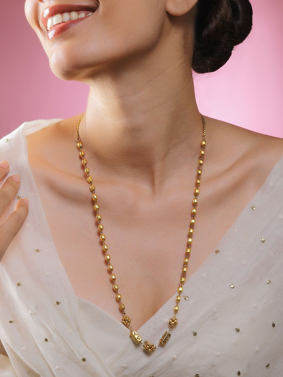 Rubans 18K Gold-Plated Matar Mala Style Golden Beaded Carved Tube Motifs Necklace