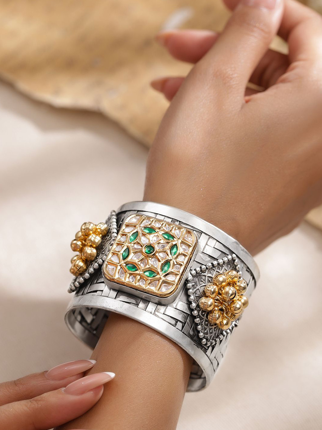 Rubans Oxidised Silver-Plated Emerald Green Stones & Golden Beads Open Cuff Bracelet