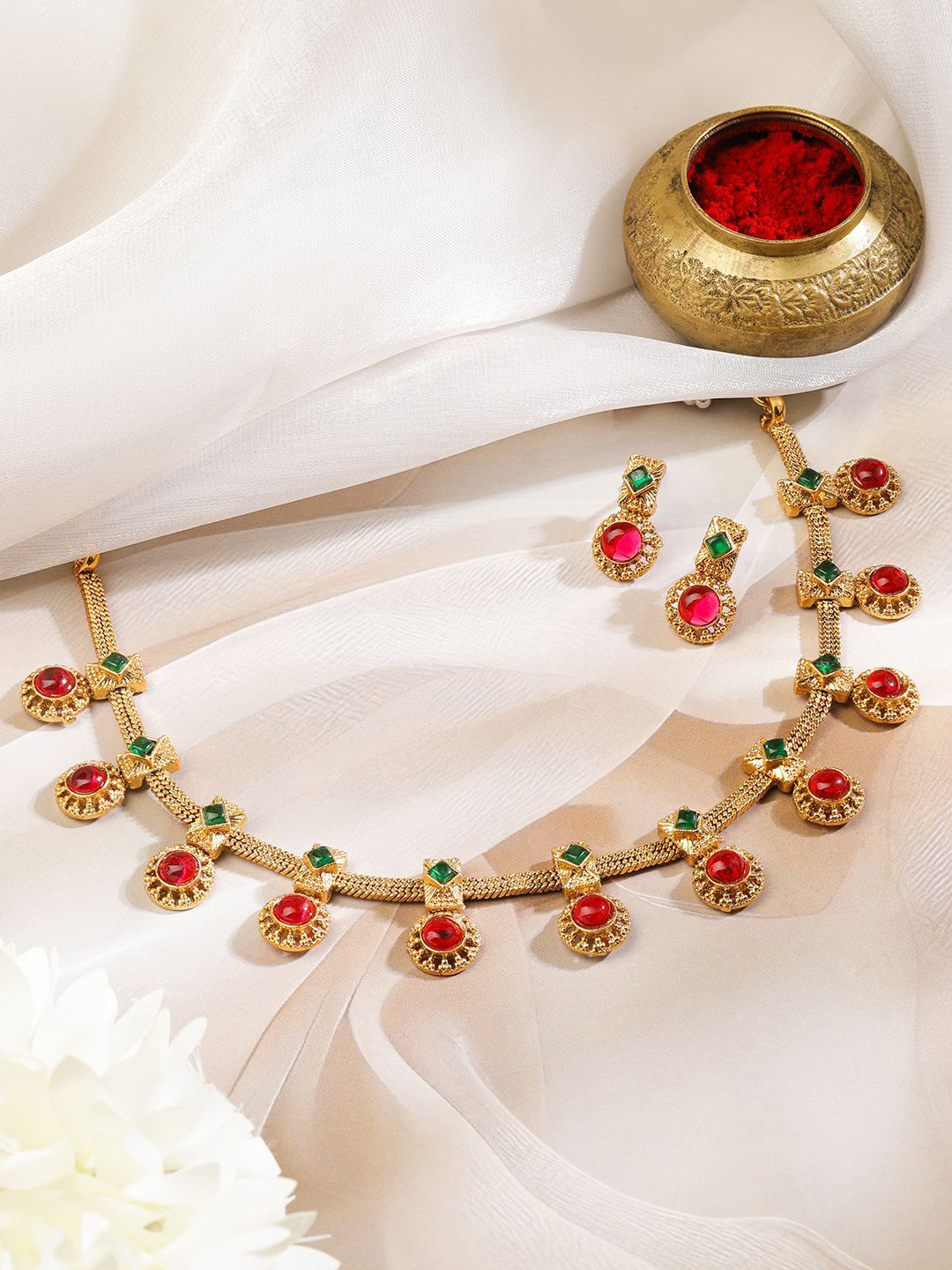 Rubans 22K Gold-Plated Emerald Green & Ruby Red Stone Studded Traditional Necklace Set