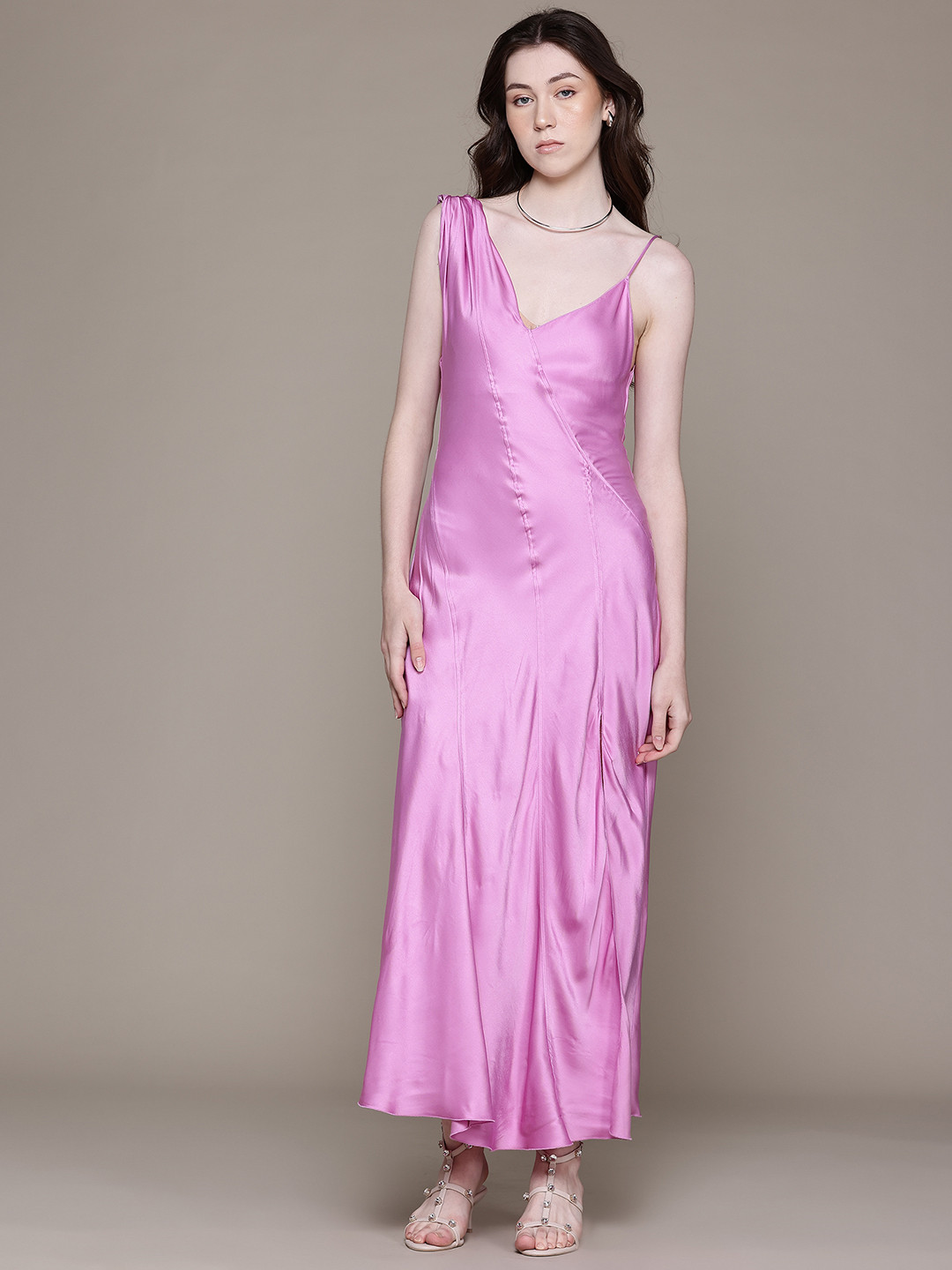 MANGO Plunge Neck Satin-Finish Party Maxi A-Line Dress with Side Slit