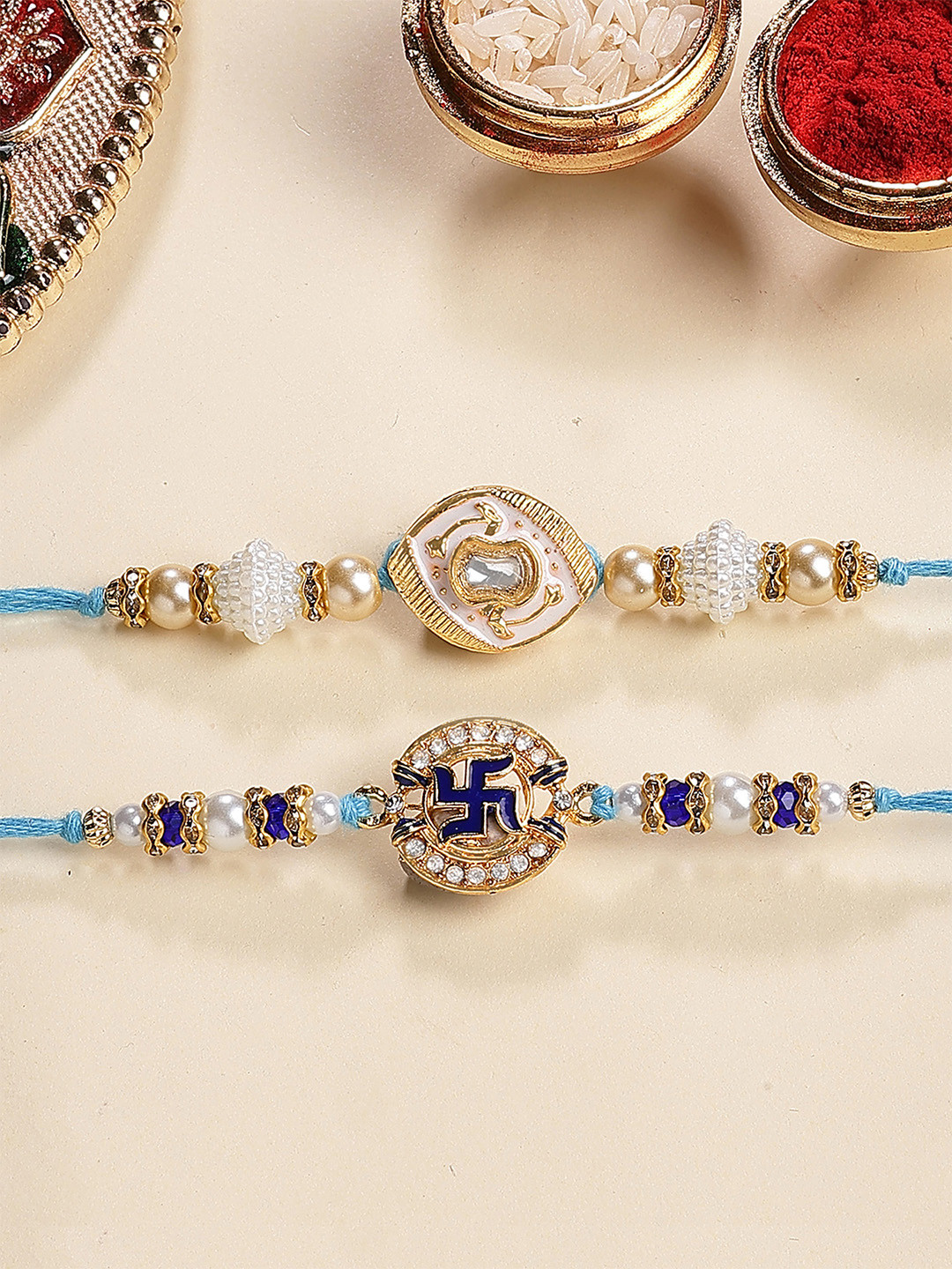 KARATCART Set Of 2 Swastik Design EnamelKundan Thread Rakhi for Brother with Roli & Chawal