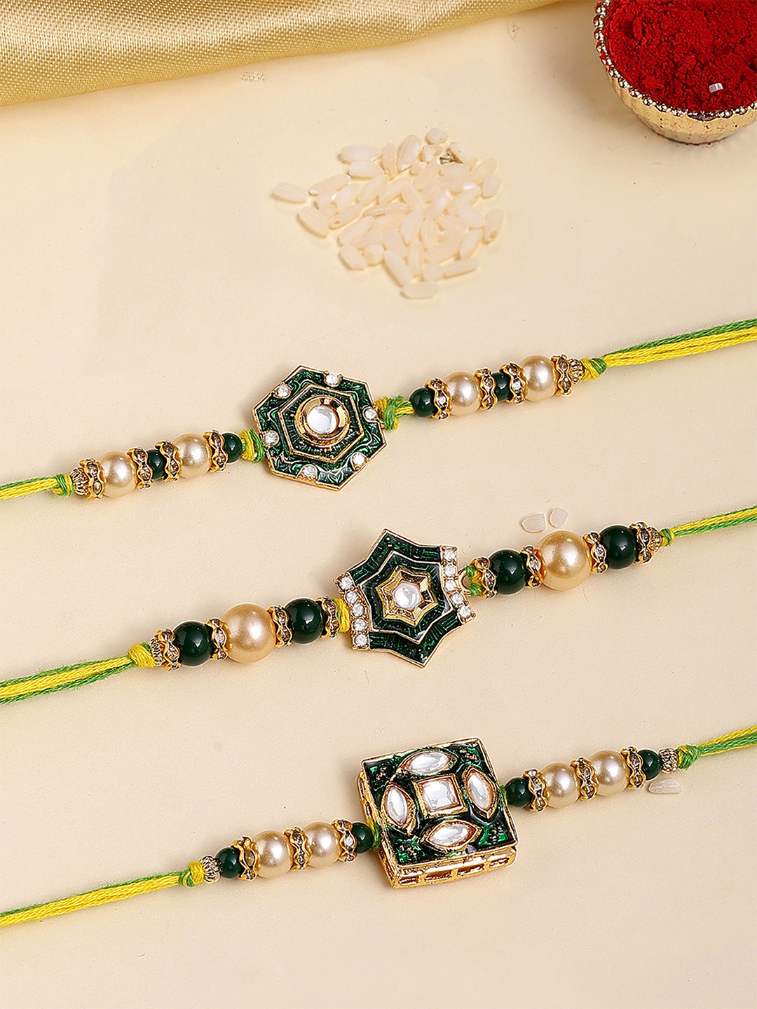 KARATCART Set Of 3 Enamel Star Design Kundan Thread Rakhi for Brother with Roli & Chawal