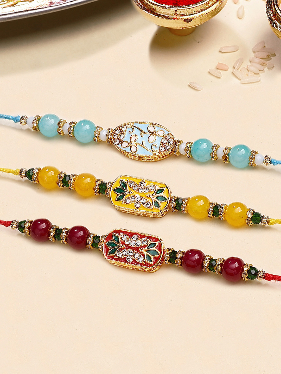 KARATCART Set Of 3 Enamel Floral Design Thread Rakhi for Brother with Roli & Chawal