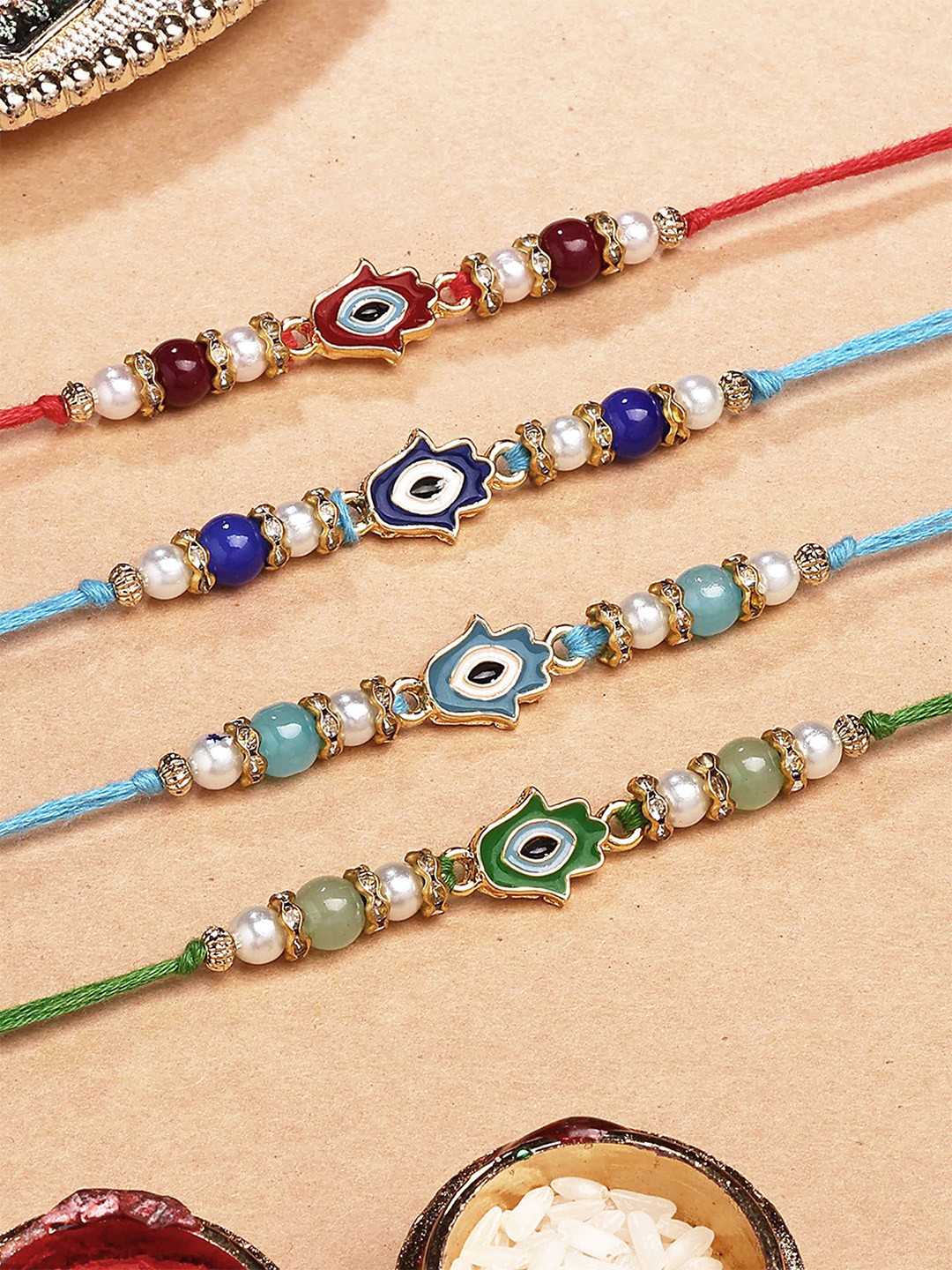KARATCART Set Of 4 Hamsa Hand Evil Eye Design Kundan Rakhi for Brother with Roli & Chawal