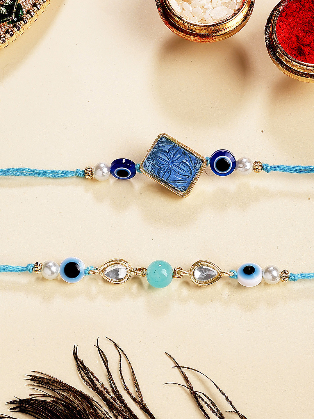 KARATCART Carved Stone Evil Eye Kundan Studded Bhaiya Bhabhi Thread Rakhi