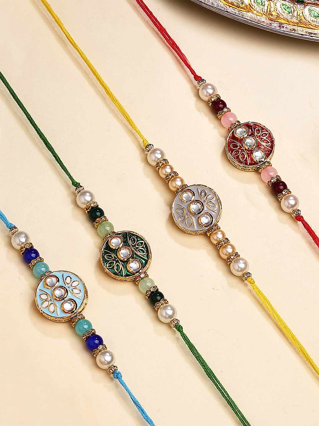 KARATCART Set Of 4 Floral Design Enamel Kundan Thread Rakhi for Brother with Roli & Chawal