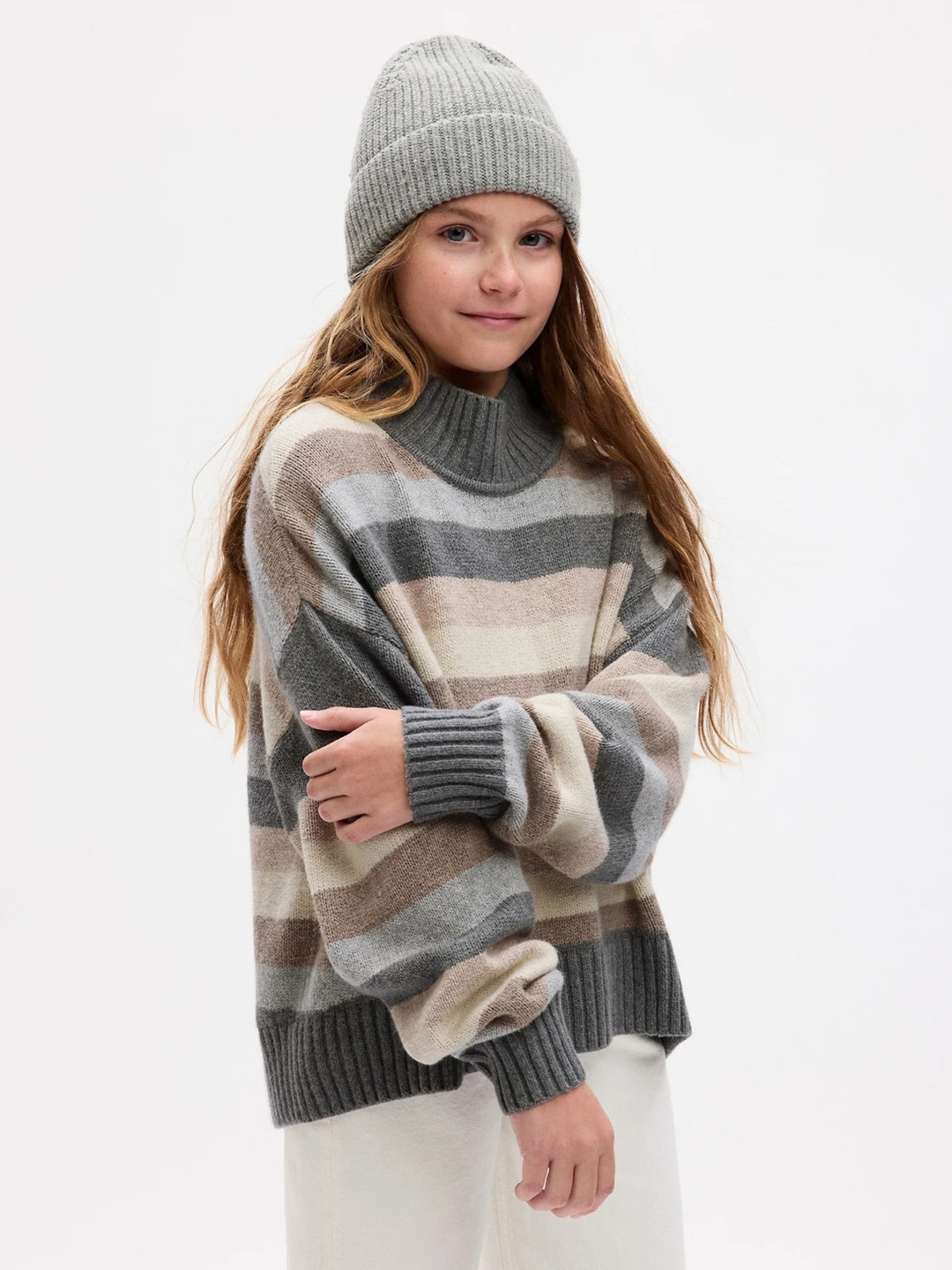 GAP Girls Striped Relaxed-Fit High-Neck Pullover Sweater