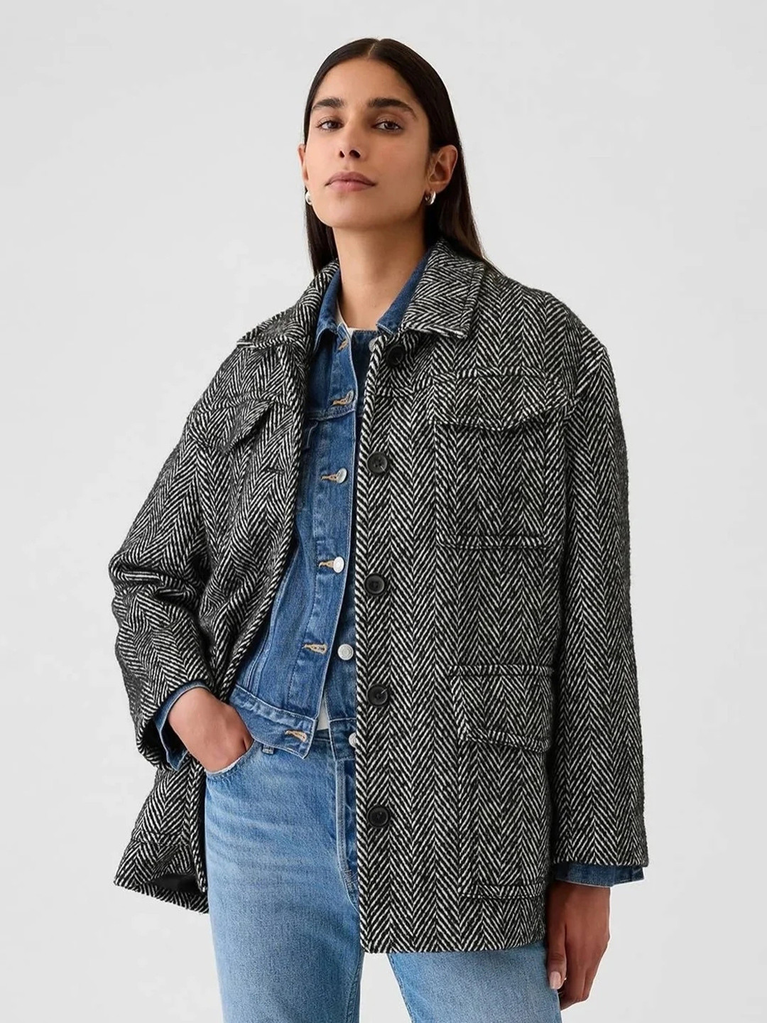 GAP Printed Slim Fit Spread Collar Belted Denim Overcoat Jacket