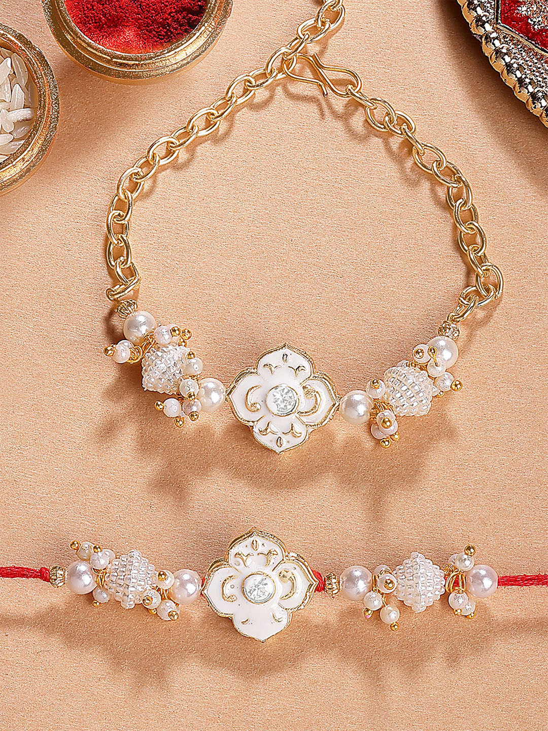 KARATCART Gold Plated Artificial Beads & Kundan Studded Enamalled Bhaiya Bhabhi Rakhi