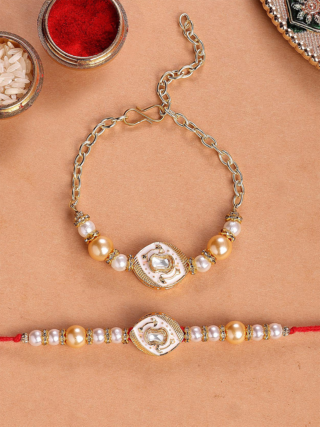 KARATCART Beads & Pearl Meenakari Kundan Bhaiya Bhabhi Rakhi With Roli Chawal