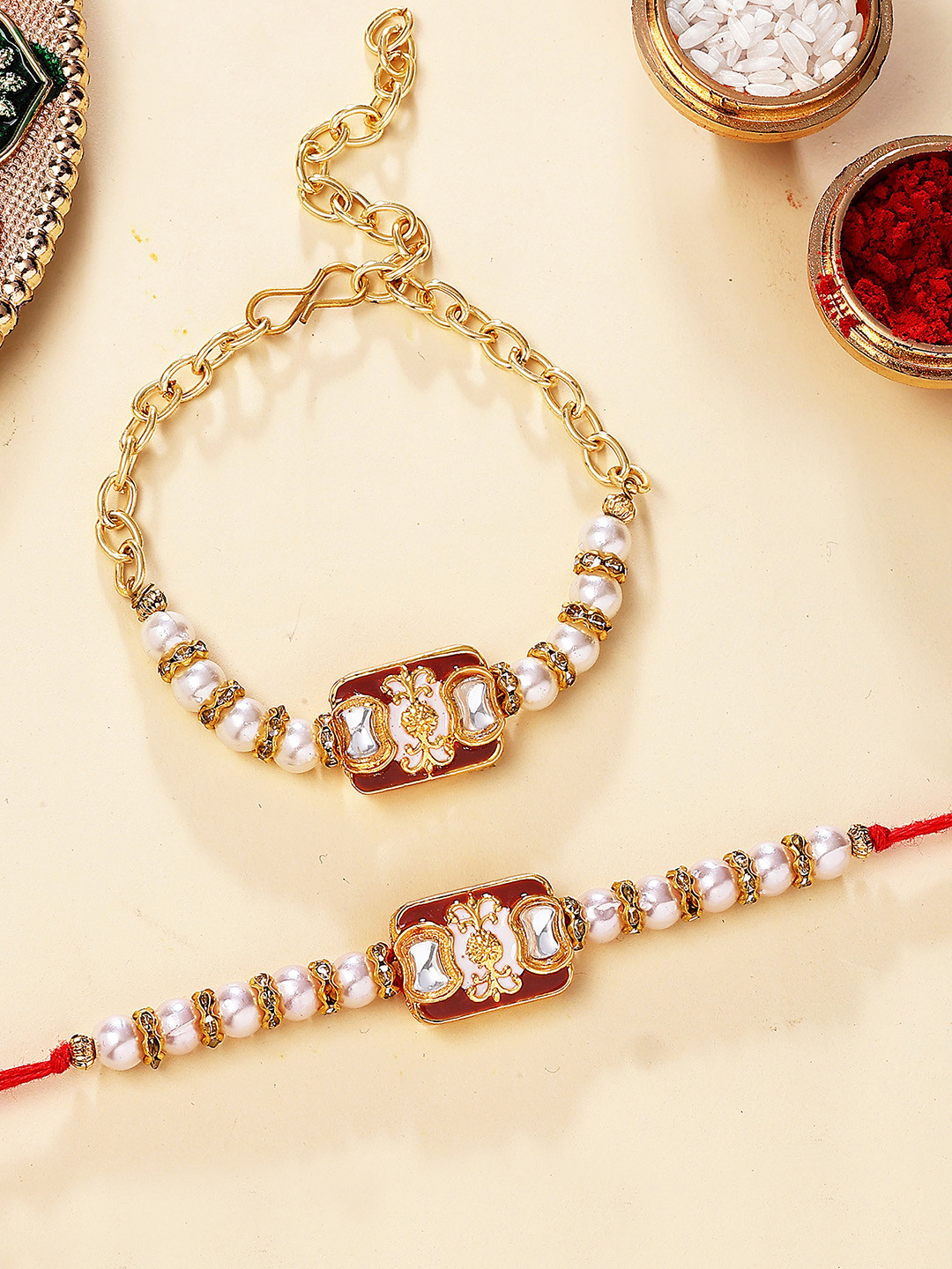 KARATCART Gold Plated Enamel and Pearl Kundan Bhiya Bhabhi Thread Rakhi with Roli & Chawal