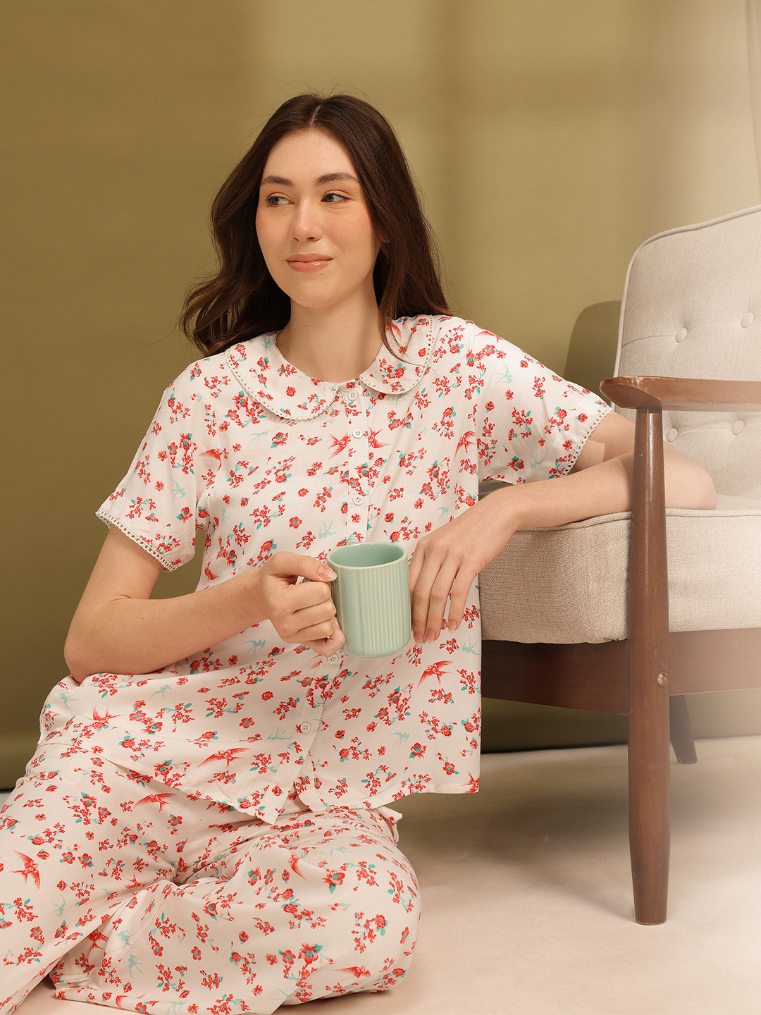 ETC Floral Print Peter Pan Collar Lace Inserts Night suit