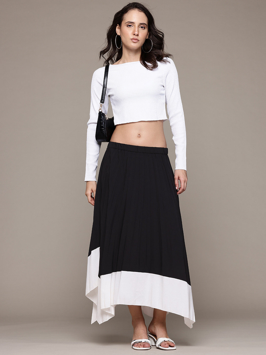 MANGO Colorblocked Pleated Midi Skirt