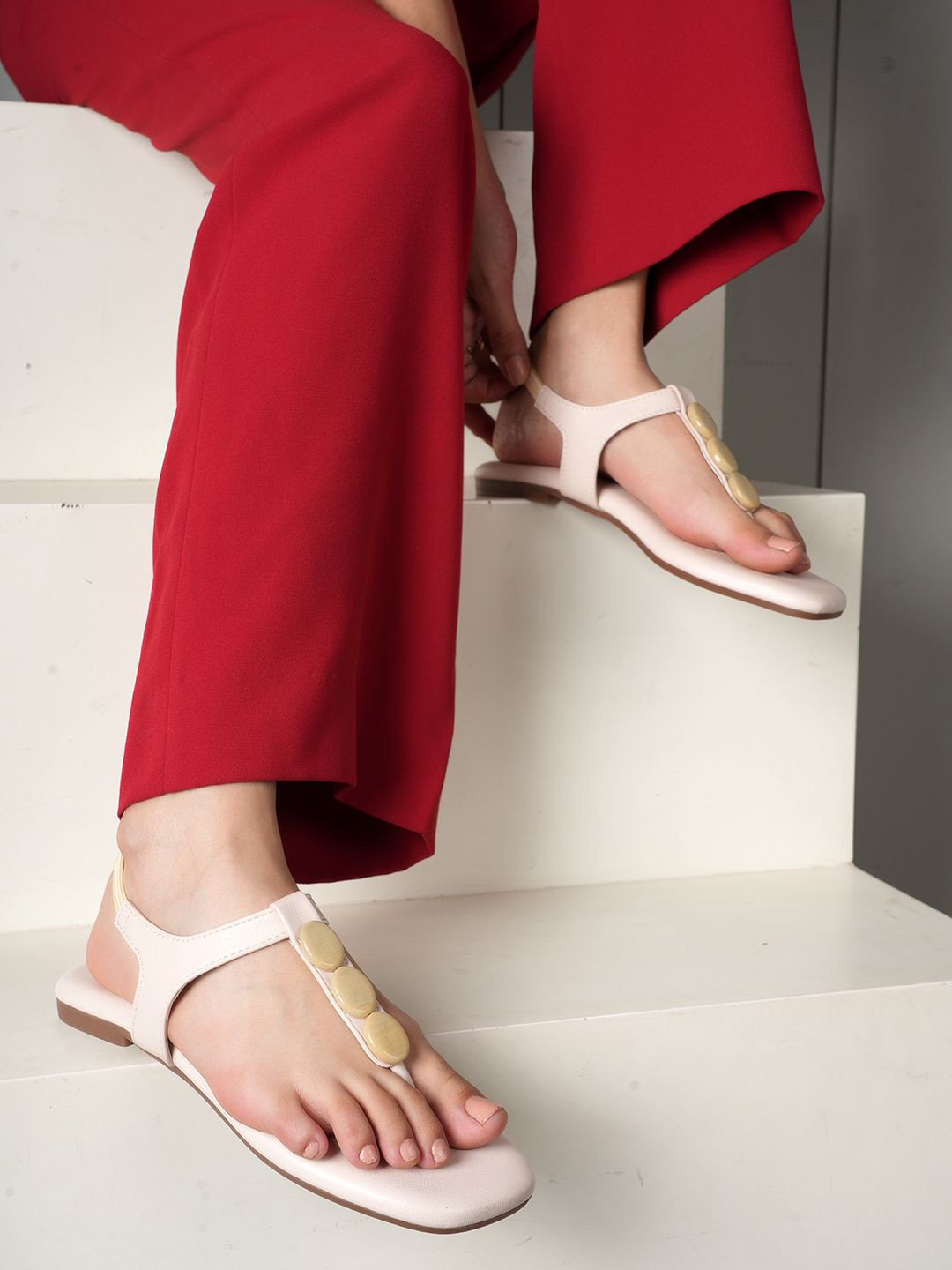 Mast & Harbour Women Open Toe Slingback T-Strap Flats