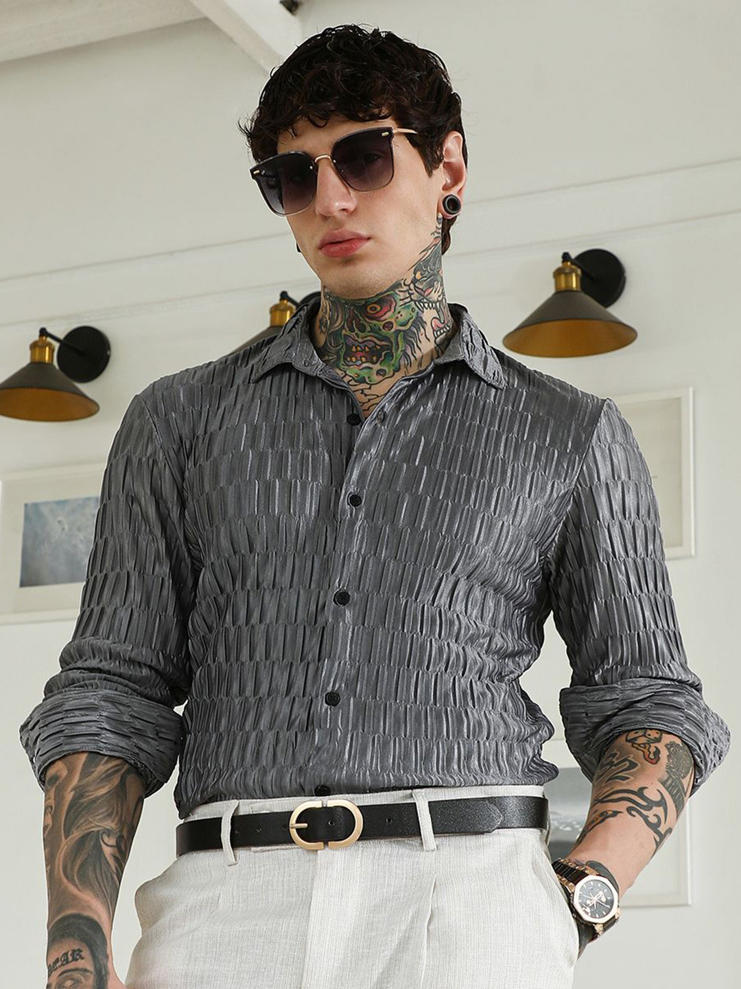 CAHOOT Comfort Slim Fit Textured Spread Collar Casual Shirt