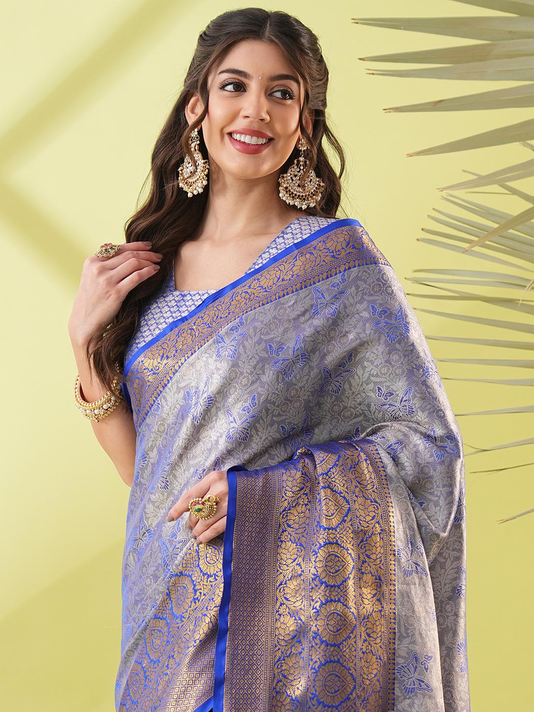 VILLAGIUS Woven Design Beads and Stones Ready to Wear Kanjeevaram Saree