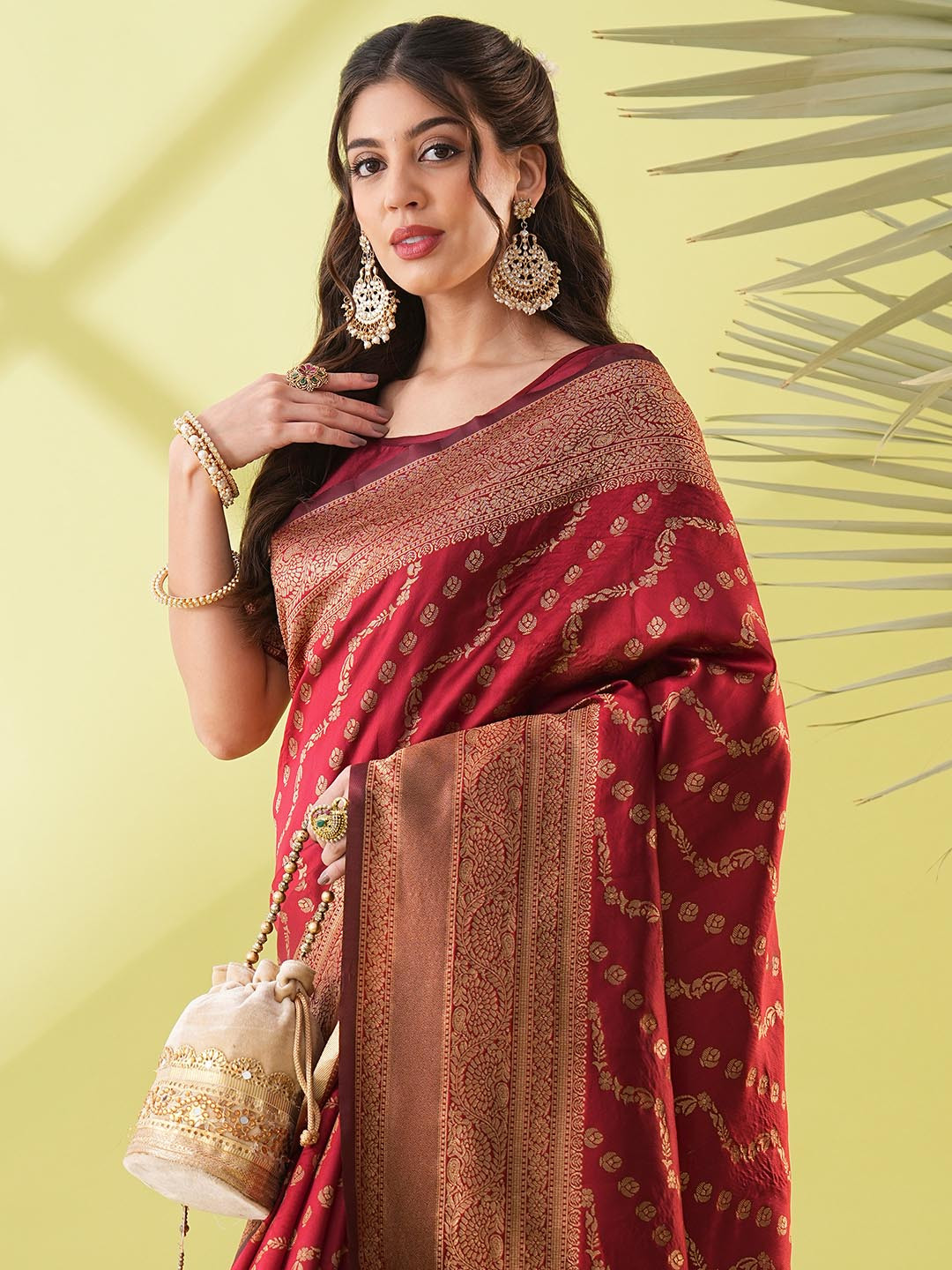 VILLAGIUS Ethnic Motifs Woven Design Beads and Stones Ready to Wear Kanjeevaram Saree