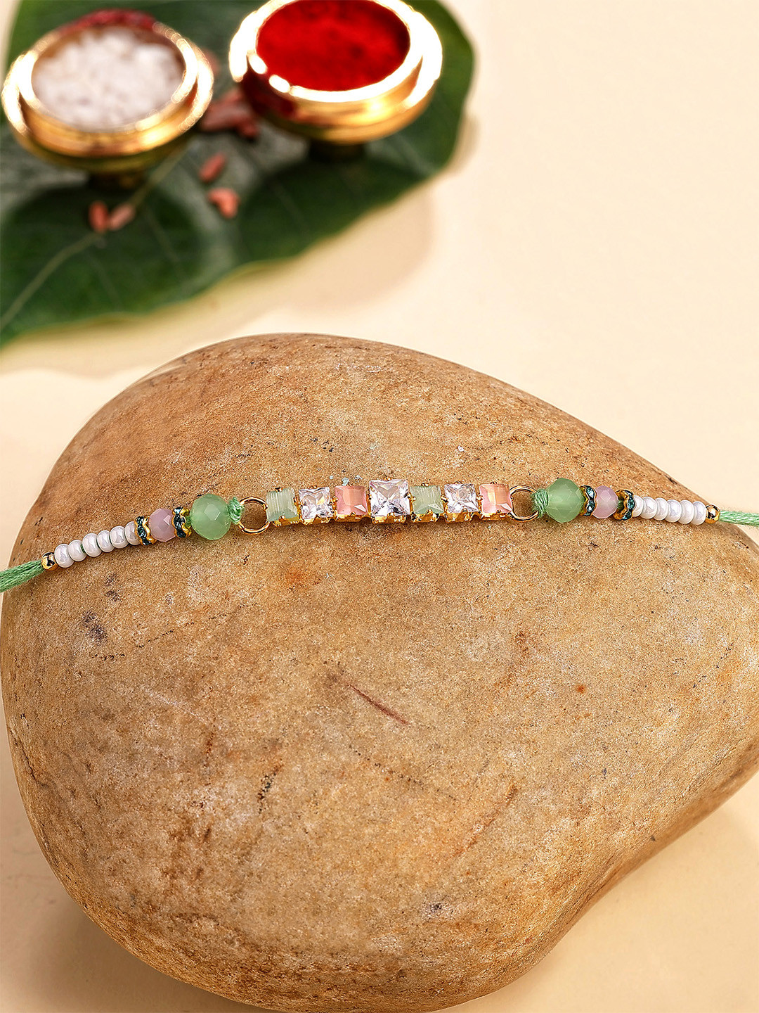 KARATCART Rhinestones Bhiya Thread Rakhi with Roli & Chawal