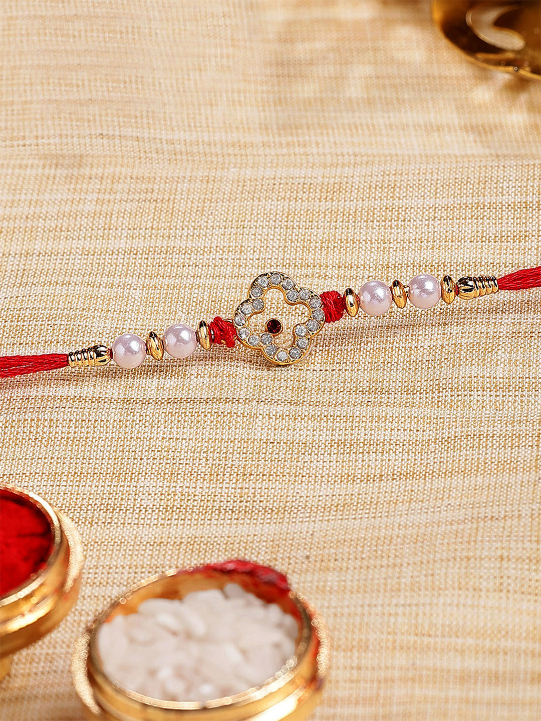 KARATCART Gold Plated American Diamond Bhaiya Thread Rakhi With Roli Chawal