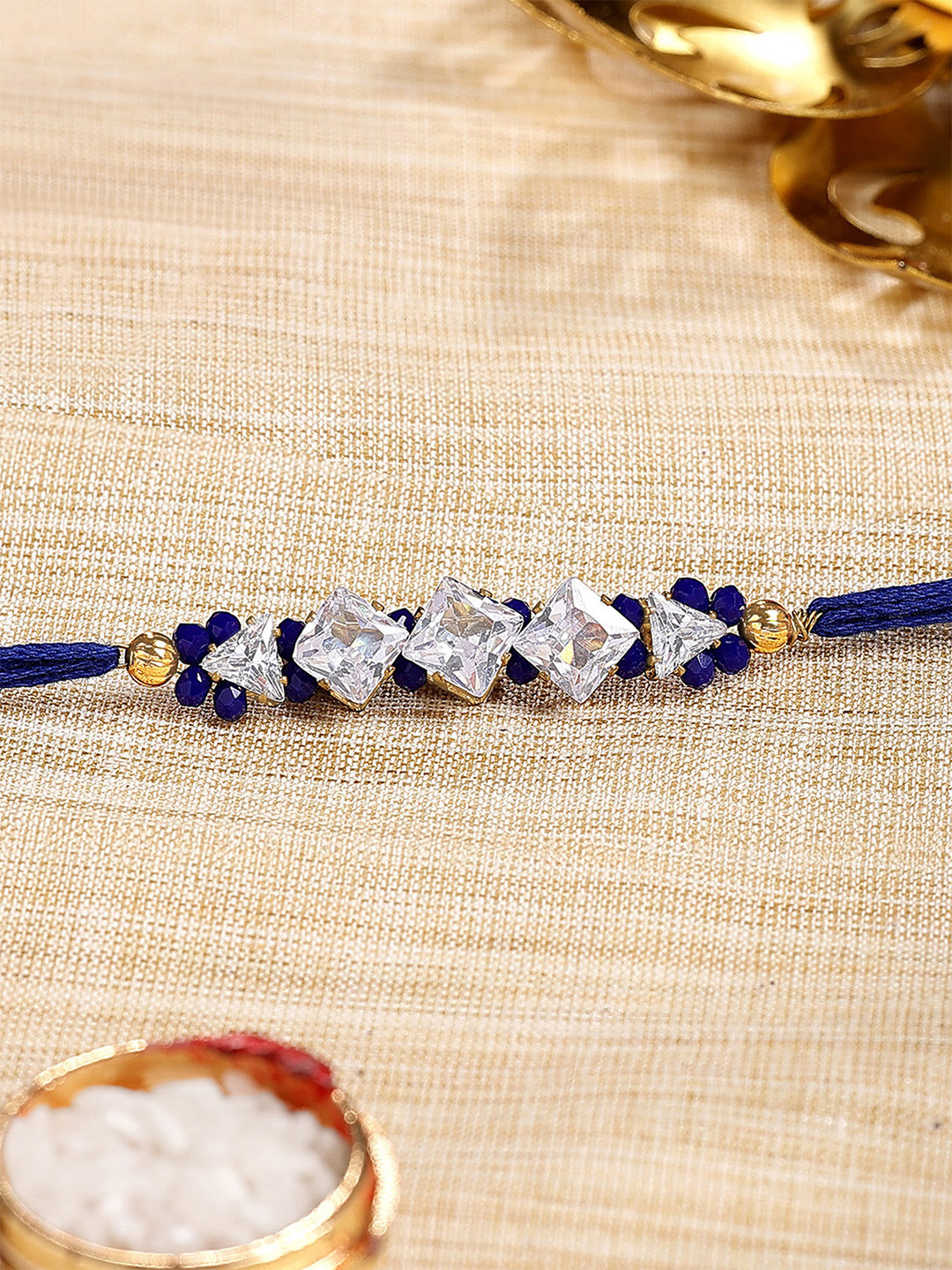 KARATCART Crystal and Rhinestones Bhiya Thread Rakhi with Roli & Chawal