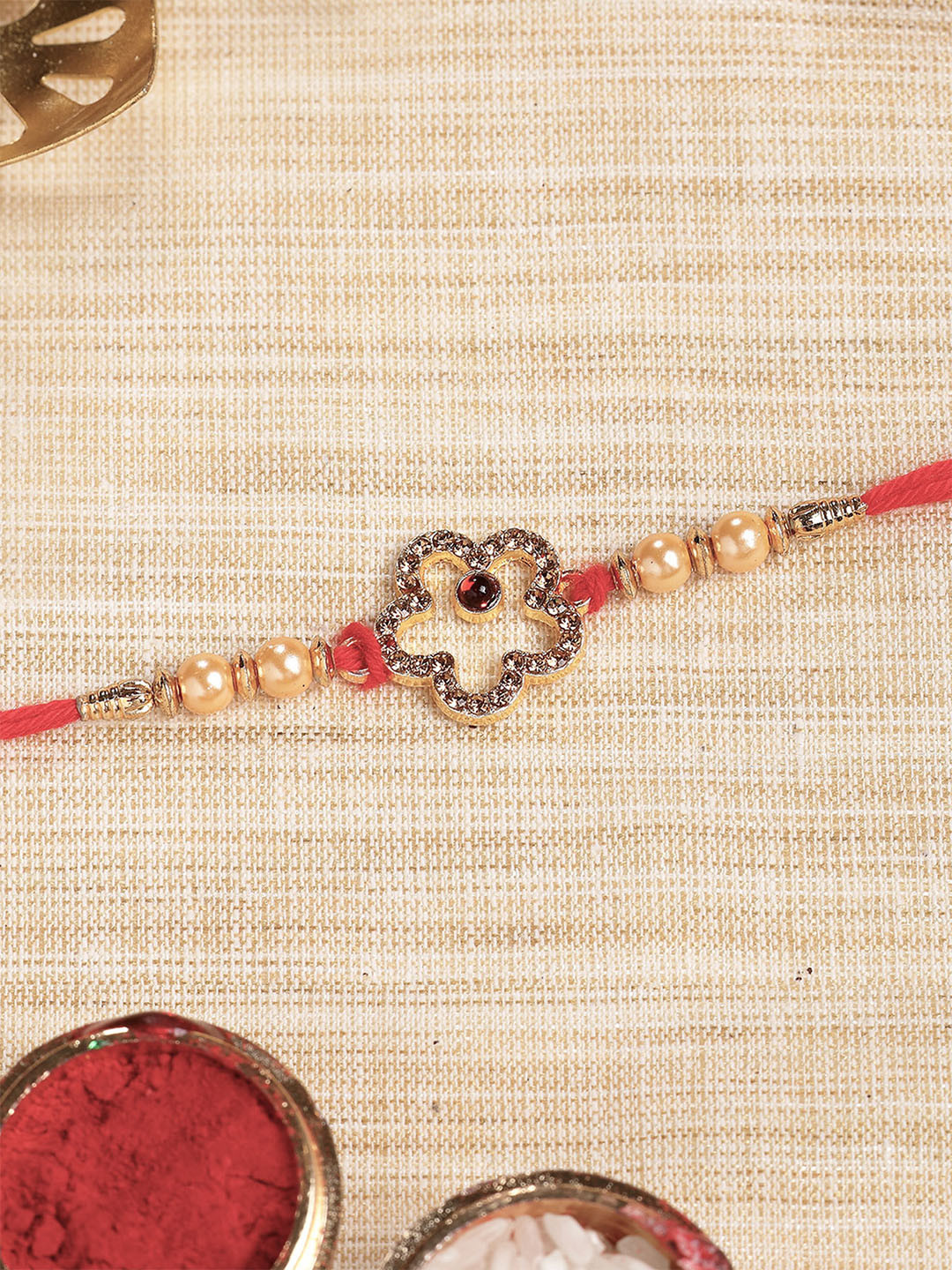 KARATCART Gold Plated American Diamond Bhaiya Thread Rakhi With Roli Chawal