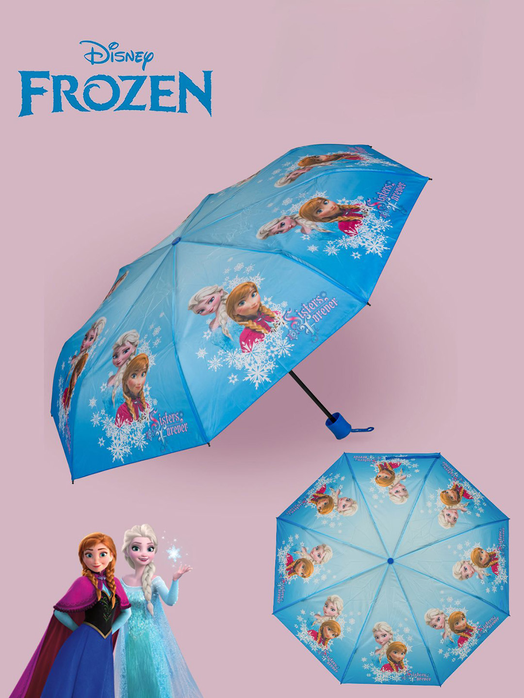 Disney By Yellow Bee Girls Blue Frozen Elsa & Anna Sisters Printed Manual 2 Fold Umbrella