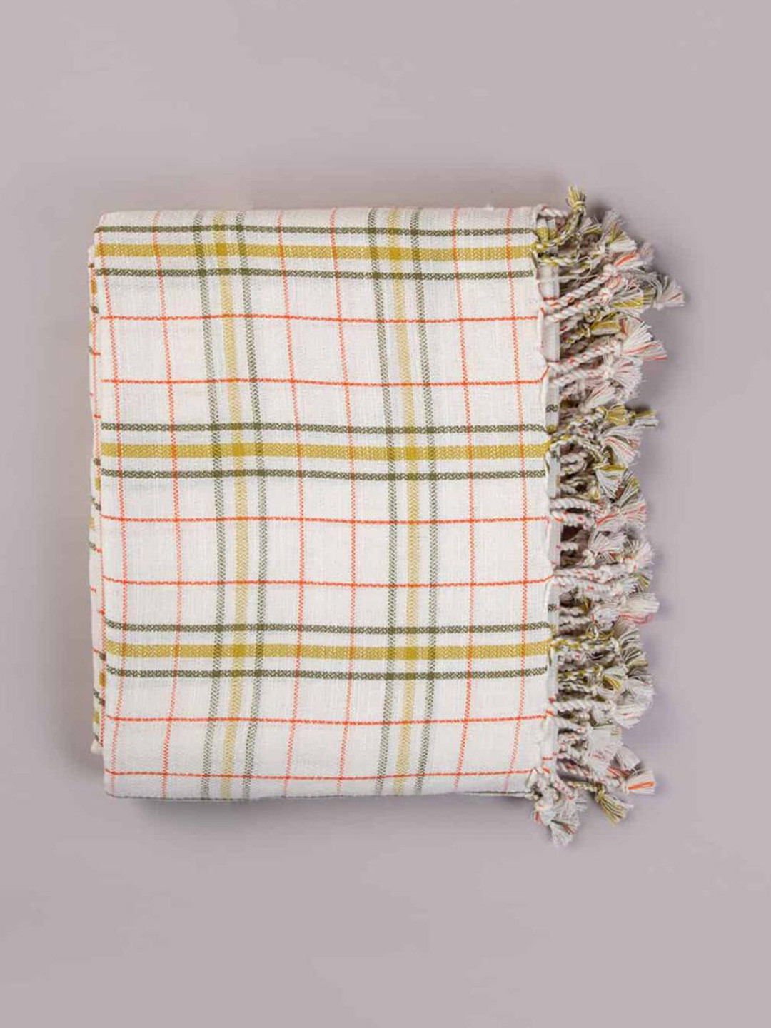 FREEDOM TREE Palya White & Lime Green Checked Cotton Double Bed Cover
