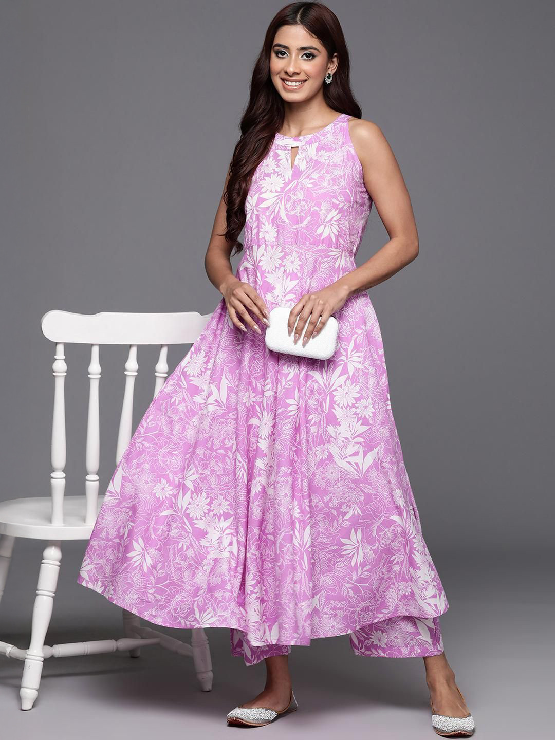 KSUT Floral Printed Round Neck Screen Technique Pure Cotton Anarkali Kurta & Trouser