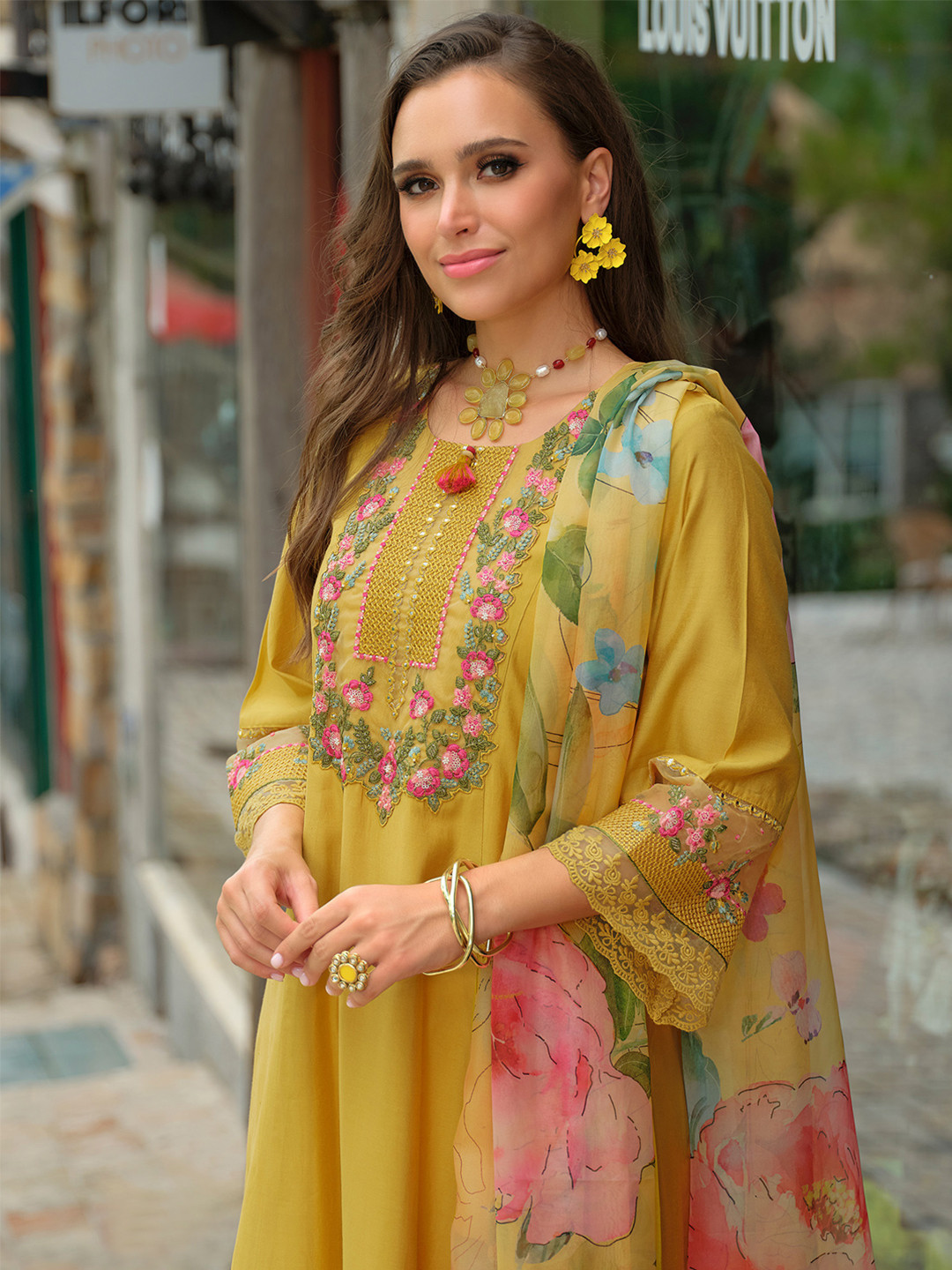 Indo Era Floral Embroidered Round Neck Thread Work Kurta With Trousers & Dupatta