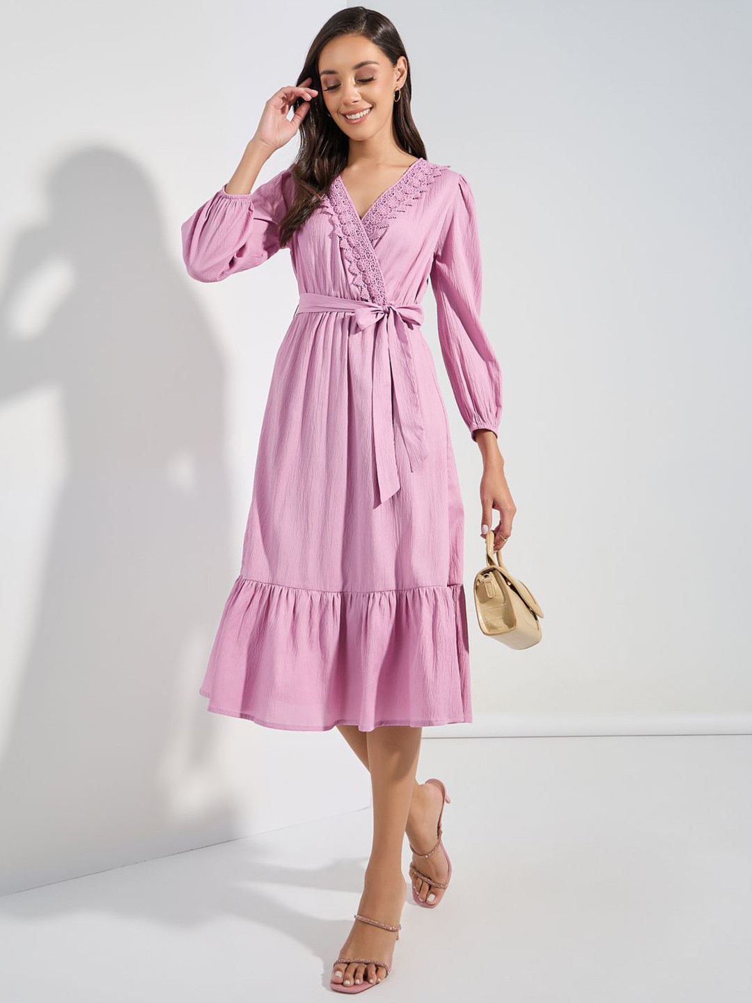 Styli Women V-Neck Puff Sleeve Wrap Midi Dress With Lace Details