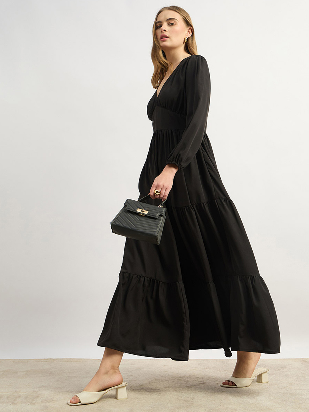 Styli Women U&F Casual Wear V-Neck Solid Puff Sleeves A-Line Maxi Dress