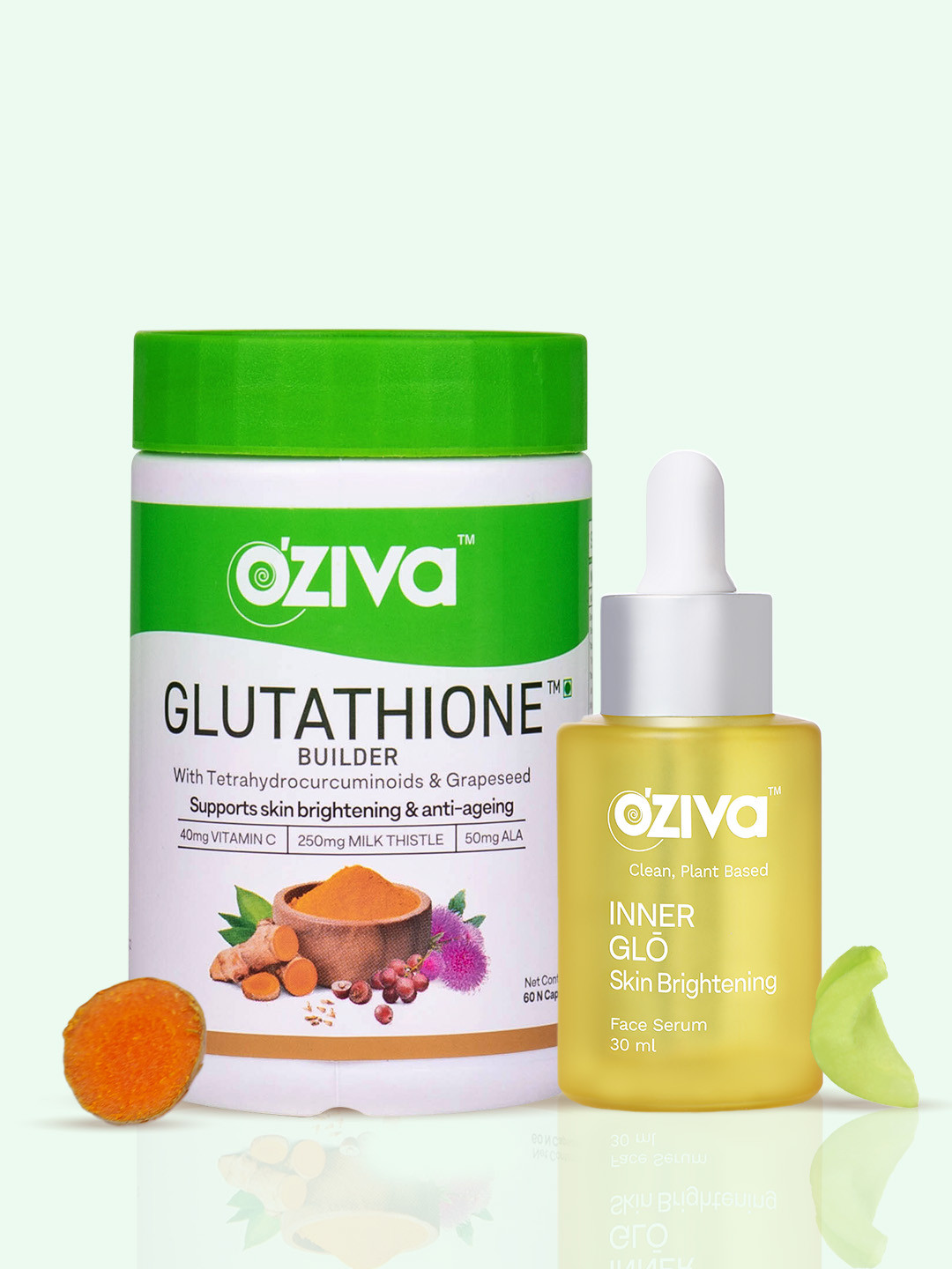 OZiva Set Of 2 Glutathione Builder Vegetarian Tablets - 60 Capsules & Face Serum - 30ml