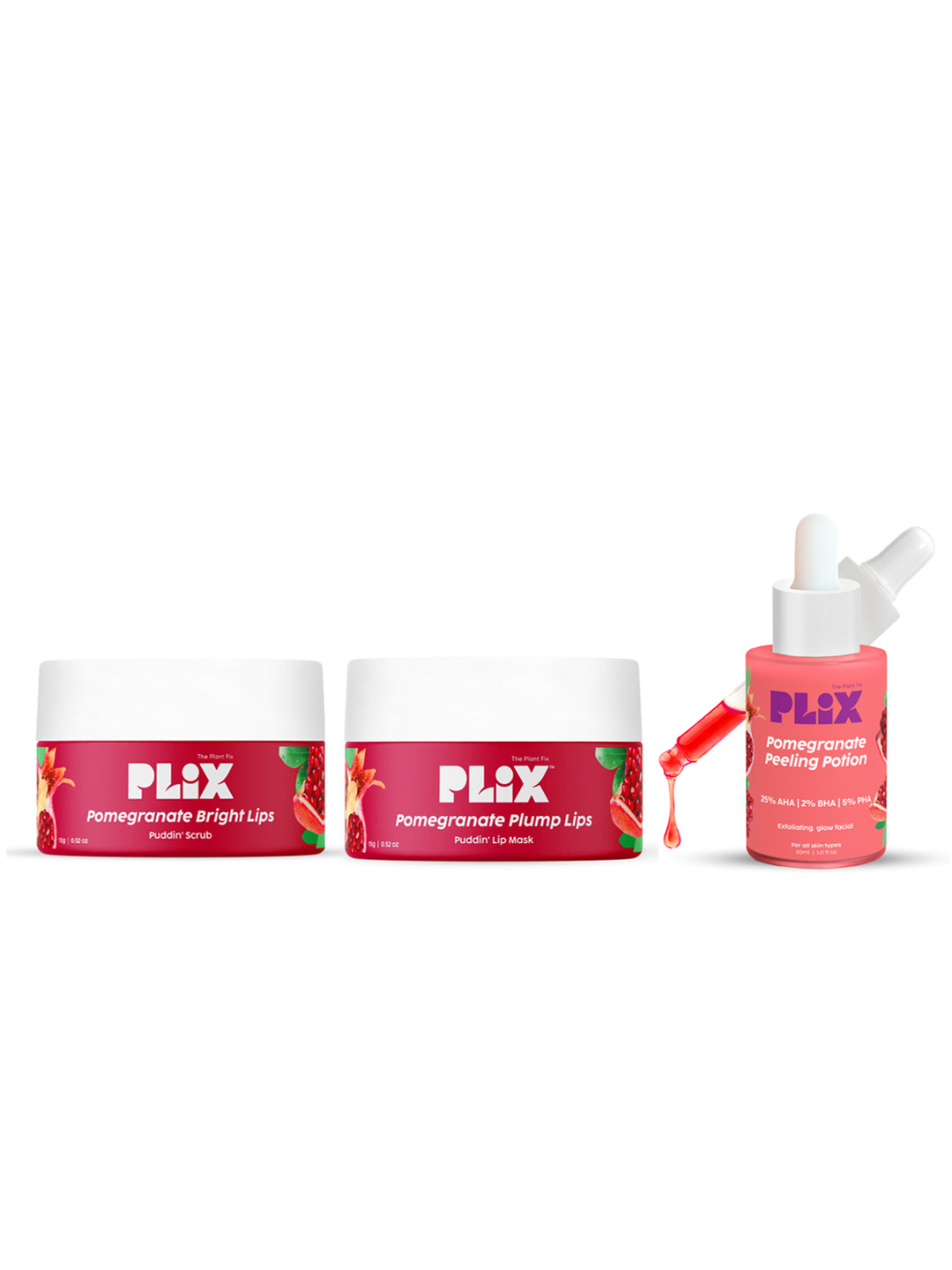 PLIX THE PLANT FIX Set of Pomegranate Lip Scrub 15g + Lip Mask 15g + Peeling Potion 30ml