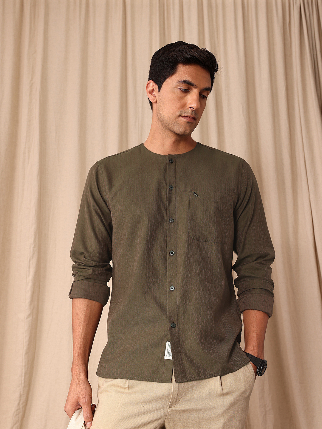 Mr Bowerbird Textured Collarless Long Sleeve Shirt