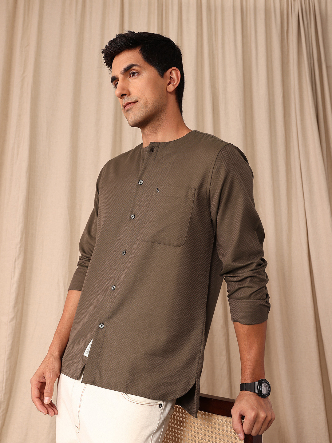 Mr Bowerbird Textured Collarless Long Sleeve Shirt