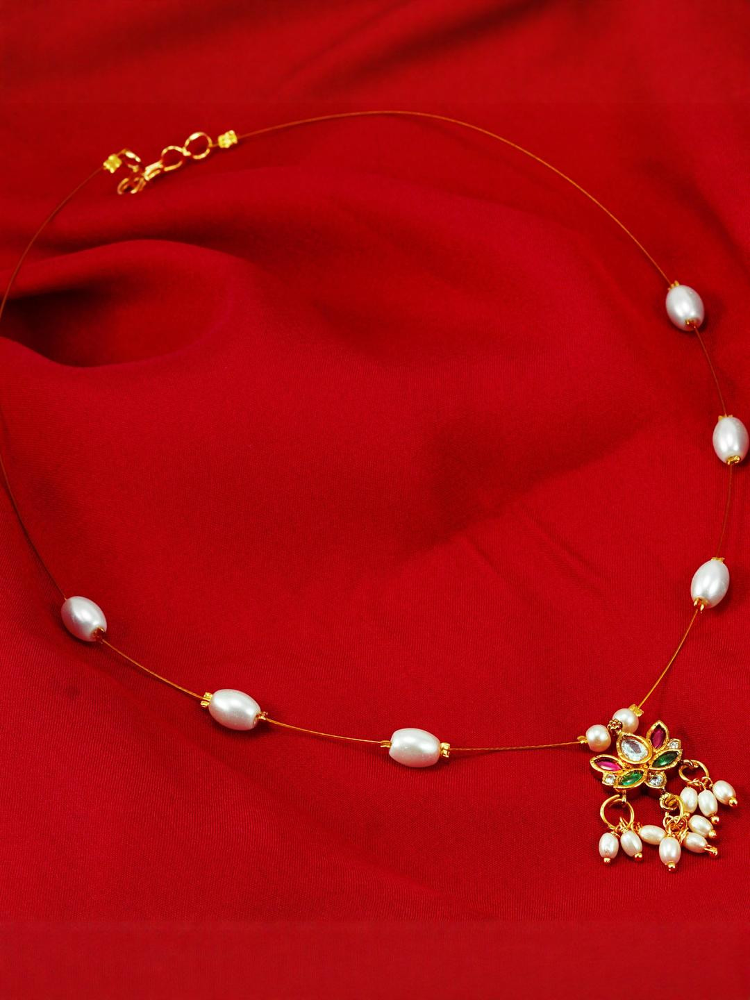 Panachee White & Gold-Toned Stone Studded Beaded Lotus Necklace