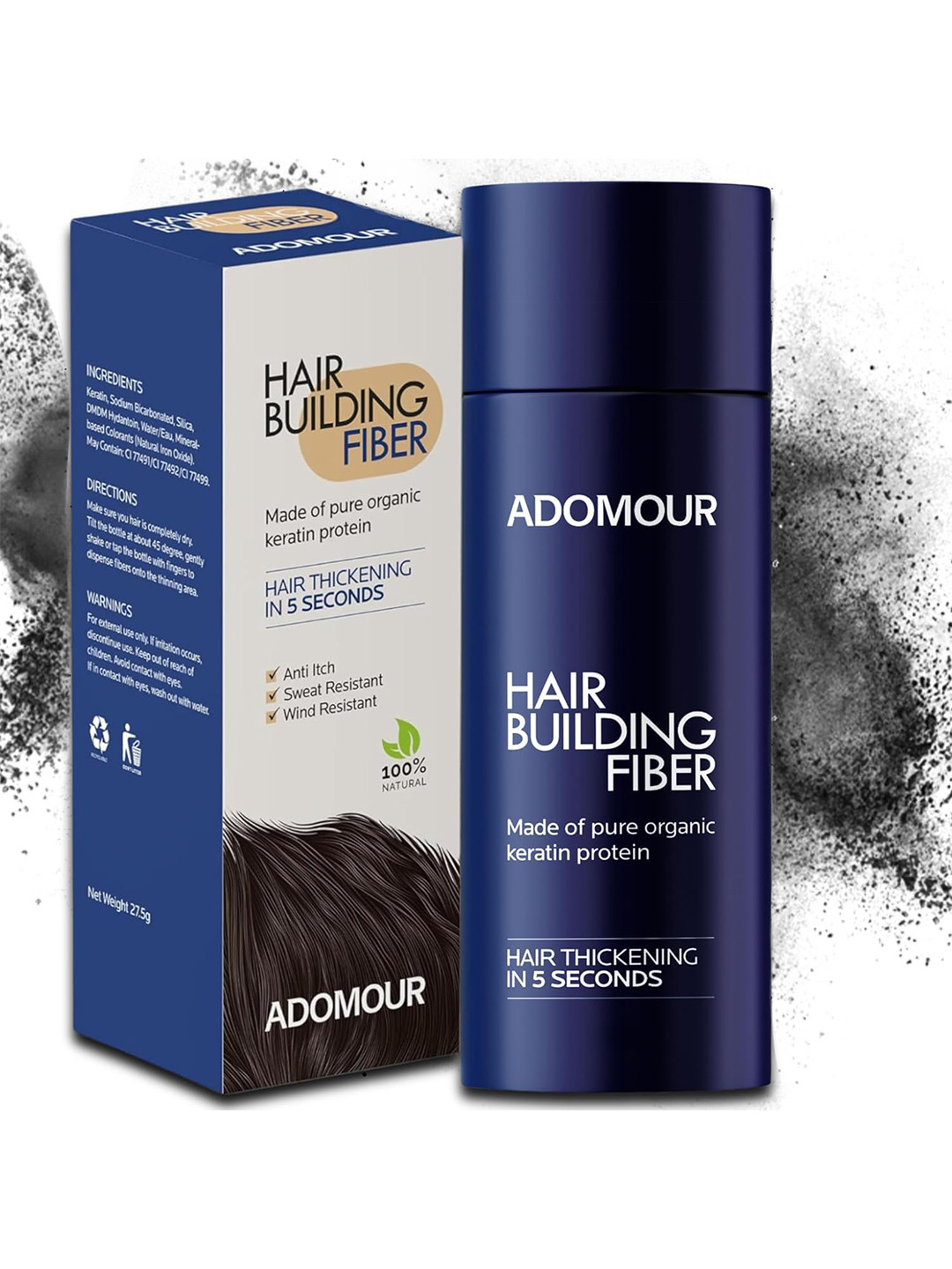 ADOMOUR Unisex Hair Building Fiber Powder- Black -27.5g