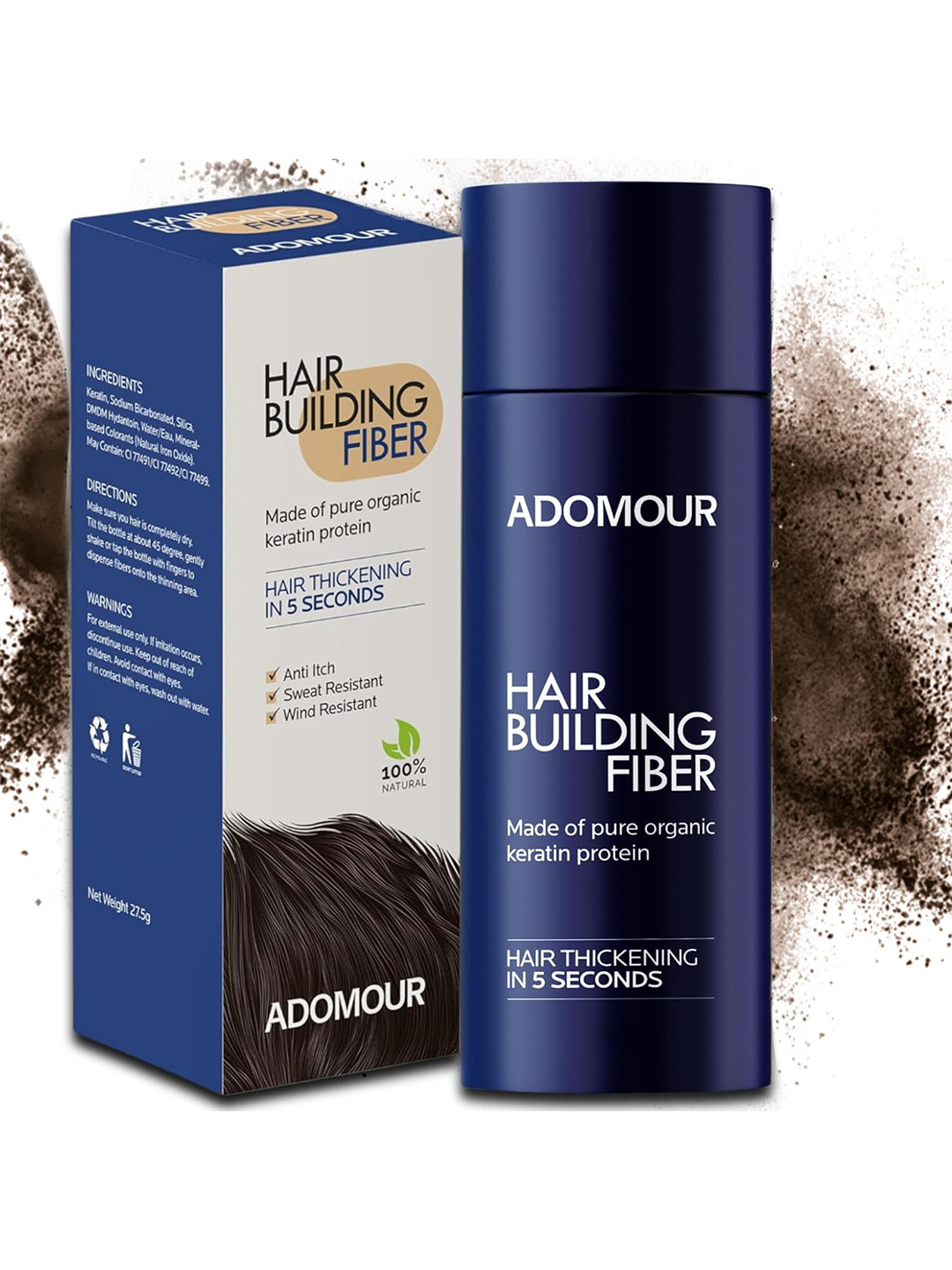 ADOMOUR Unisex Hair Building Fiber Powder- Dark Brown-27.5g