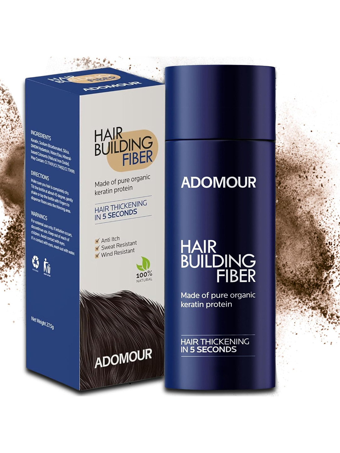 Adomour Unisex Hair Building Fiber Powder- Medium Brown -27.5g