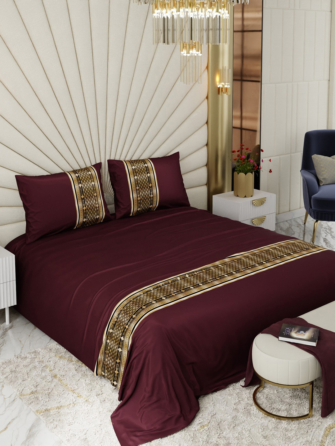 Stoa Paris Maroon 300 TC Super King Bedsheet with 2 Pillow Covers