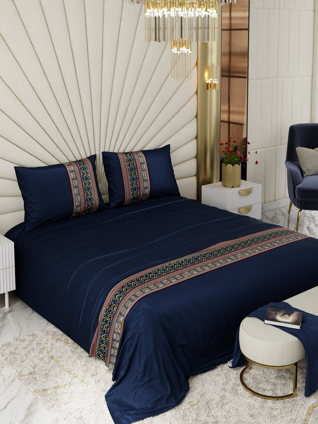 Stoa Paris Navy Blue Floral Printed 300 TC Bedsheet Set  2.74 m x 2.74 m
