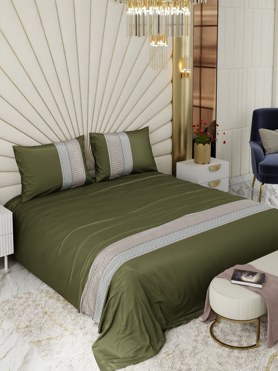 Stoa Paris Unisex Olive Green & White Geometric 300 TC Flat Bedsheet with 2 Pillow Covers