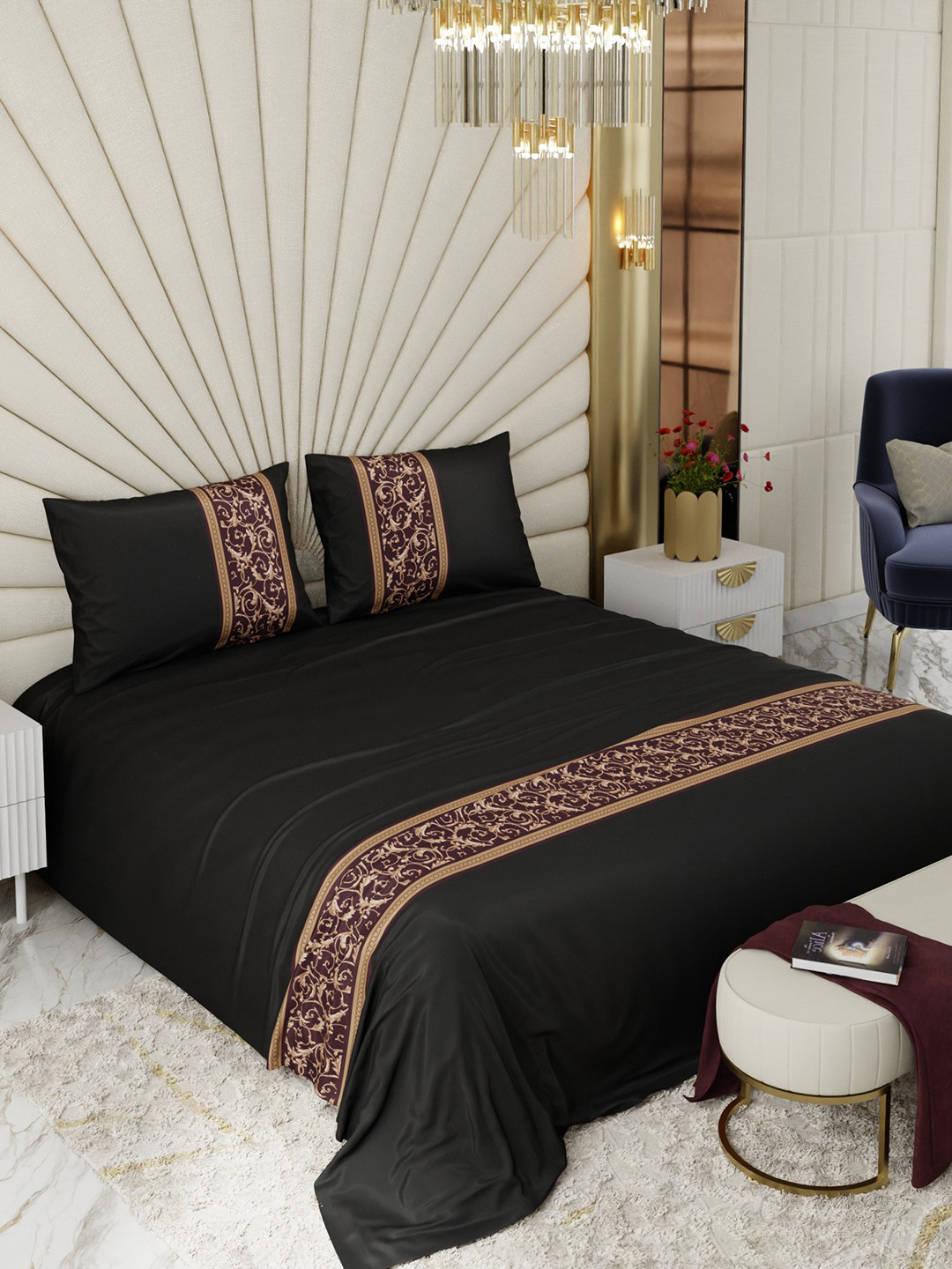 Stoa Paris Versailles Black & Brown Printed 300 TC Super King Bedsheet Set-2.74 m x 2.74 m
