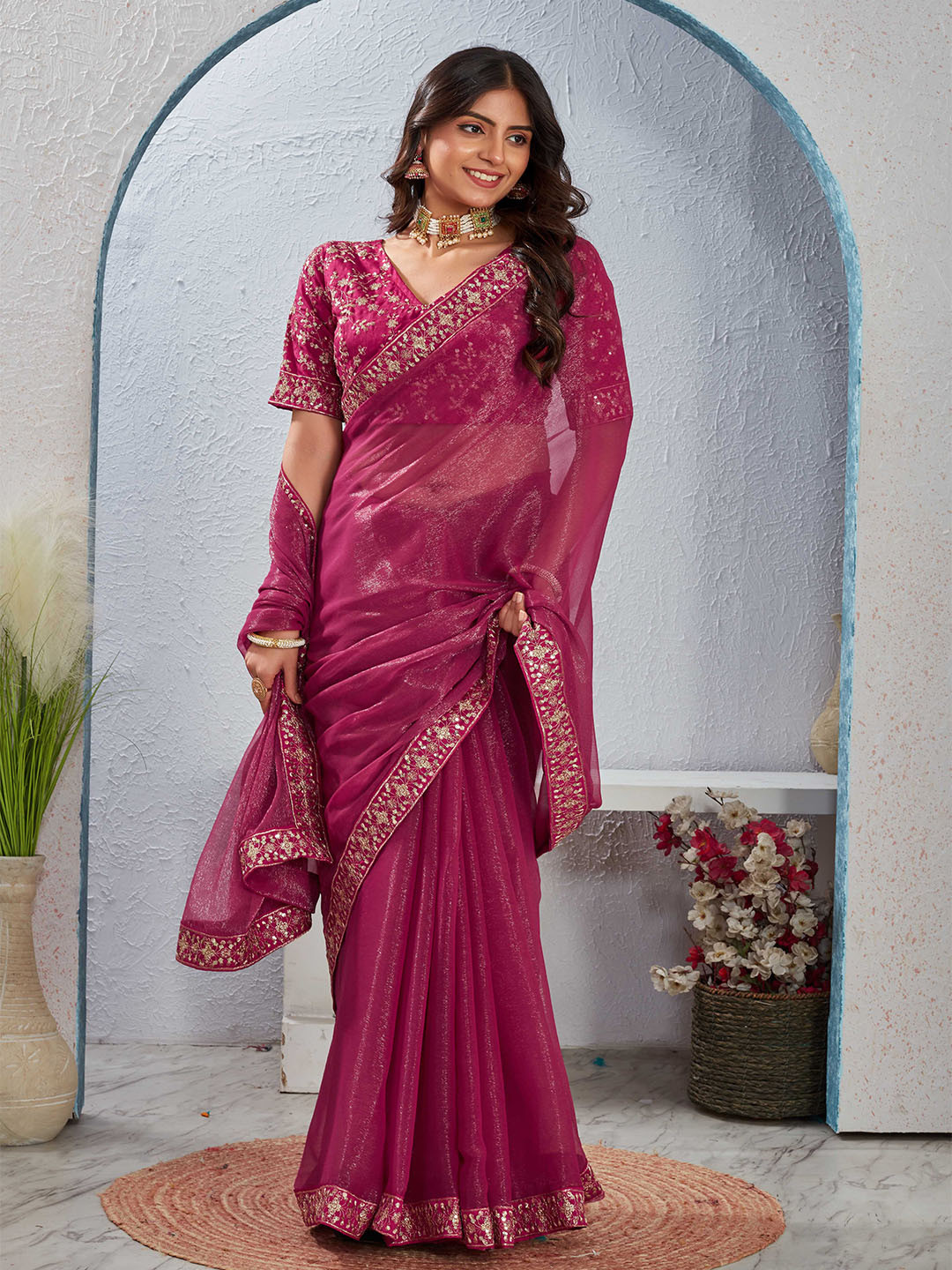 Tankori Sequinned Heavy Work Embroidered Border Saree