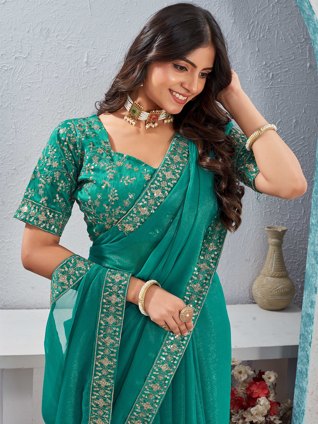 Tankori Ethnic Motifs Sequinned Silk Blend Heavy Work Saree